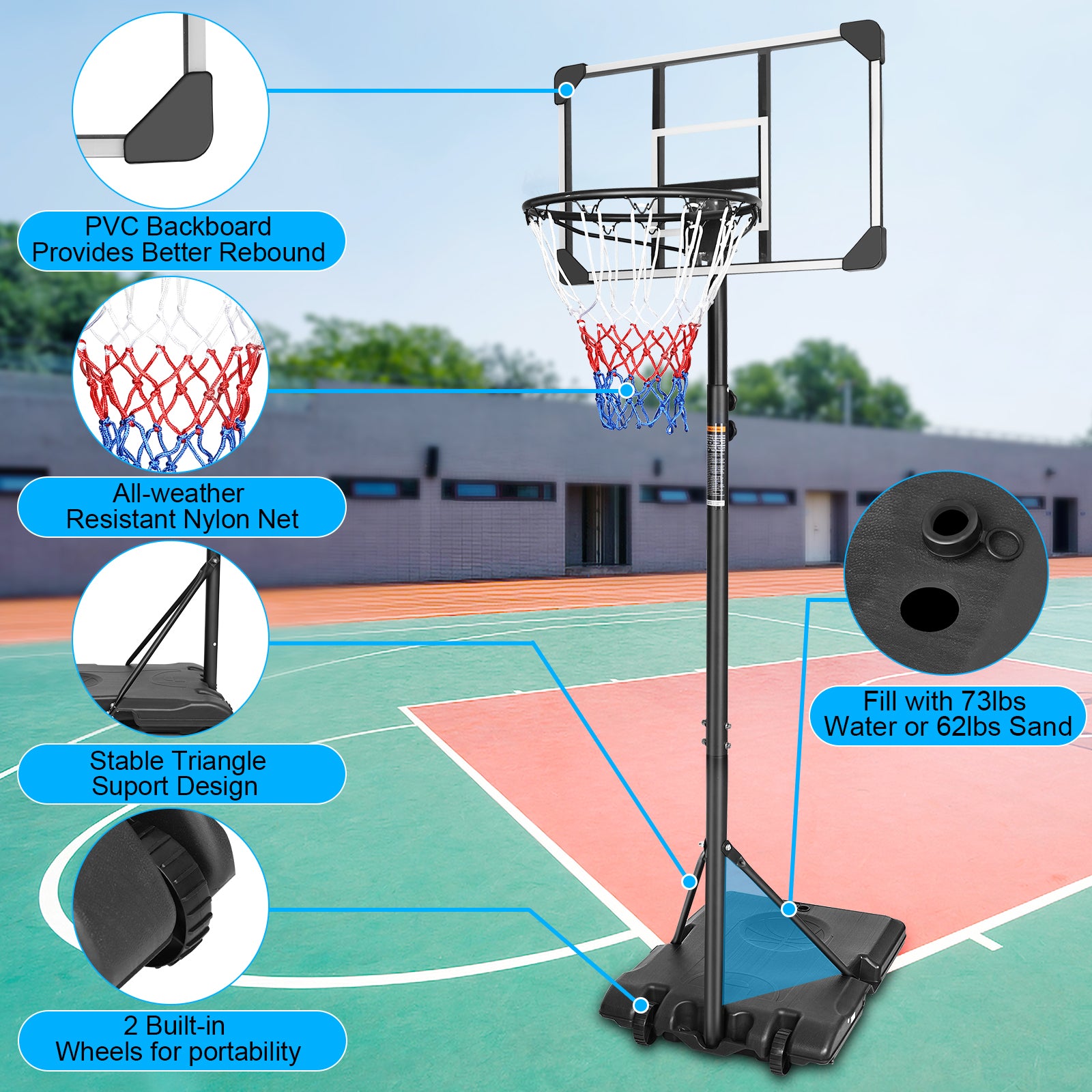 Basketball Goal Portable Basketball Hoop Indoor Outdoor Basketball Stand 5.6-7ft Adjustable 28in Backboard with Wheels