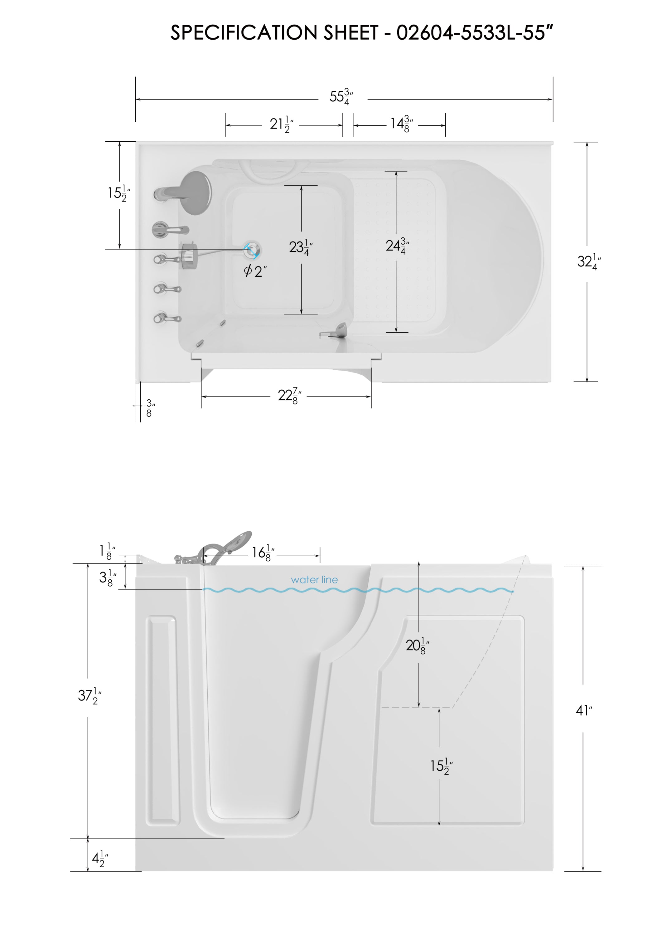 56" Walk-in Bathtub with Left-Side Door Opening and Quick Fill and Drain System, Rectangular Soaking Bathtub in White