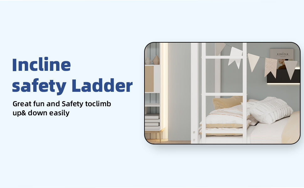 White twin over twin metal bunk bed, angled view showing guardrail