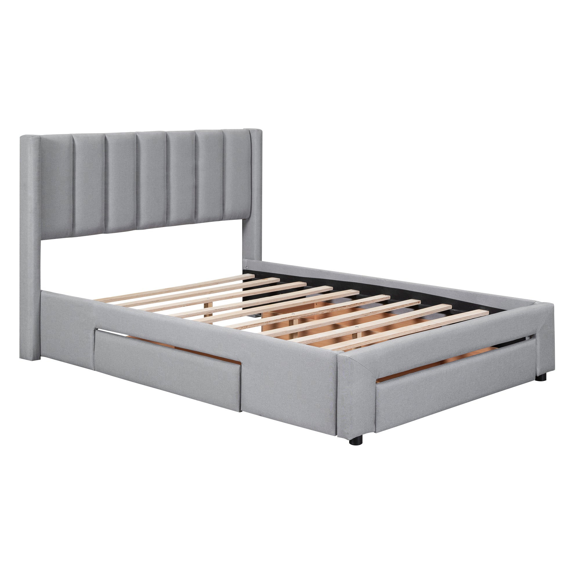 Queen Size Upholstered Platform Bed with One Large Drawer in the Footboard and Drawer on Each Side,Gray