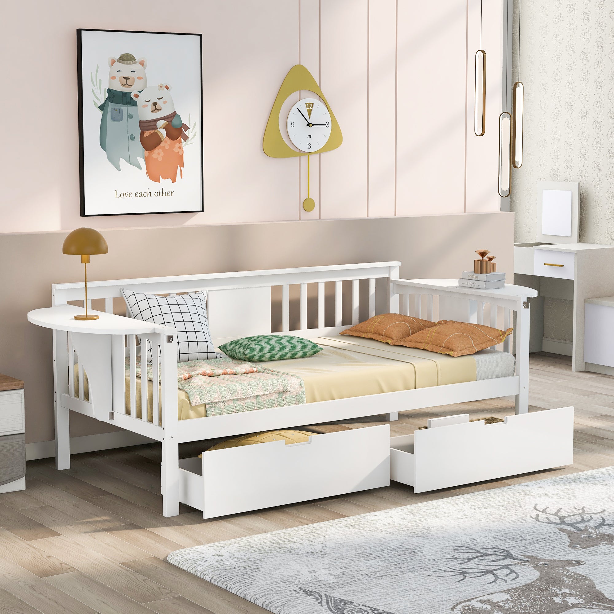 Twin size Daybed with Two Drawers, Wood Slat Support, White