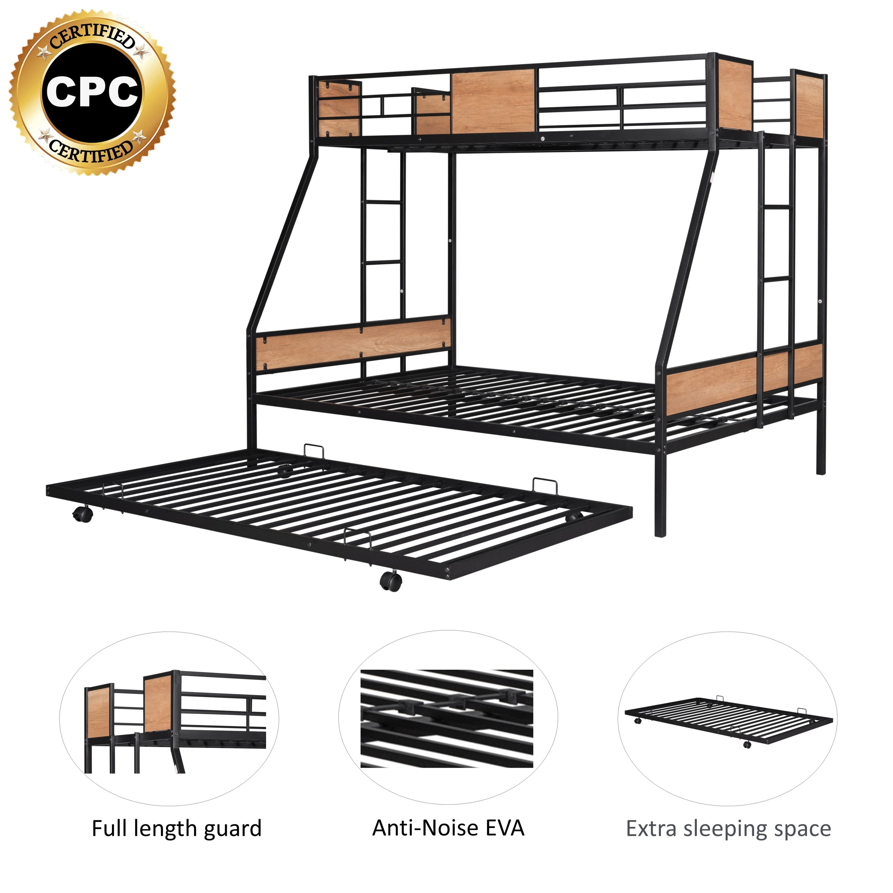 Metal Twin over Full Bunk Bed with Trundle/ Heavy-duty Sturdy Metal/ Noise Reduced/ Safety Guardrail/ Wooden Decoration/ Convenient Trundle / Bunk Bed for Three/ CPC Certified/ No Box Spring Needed