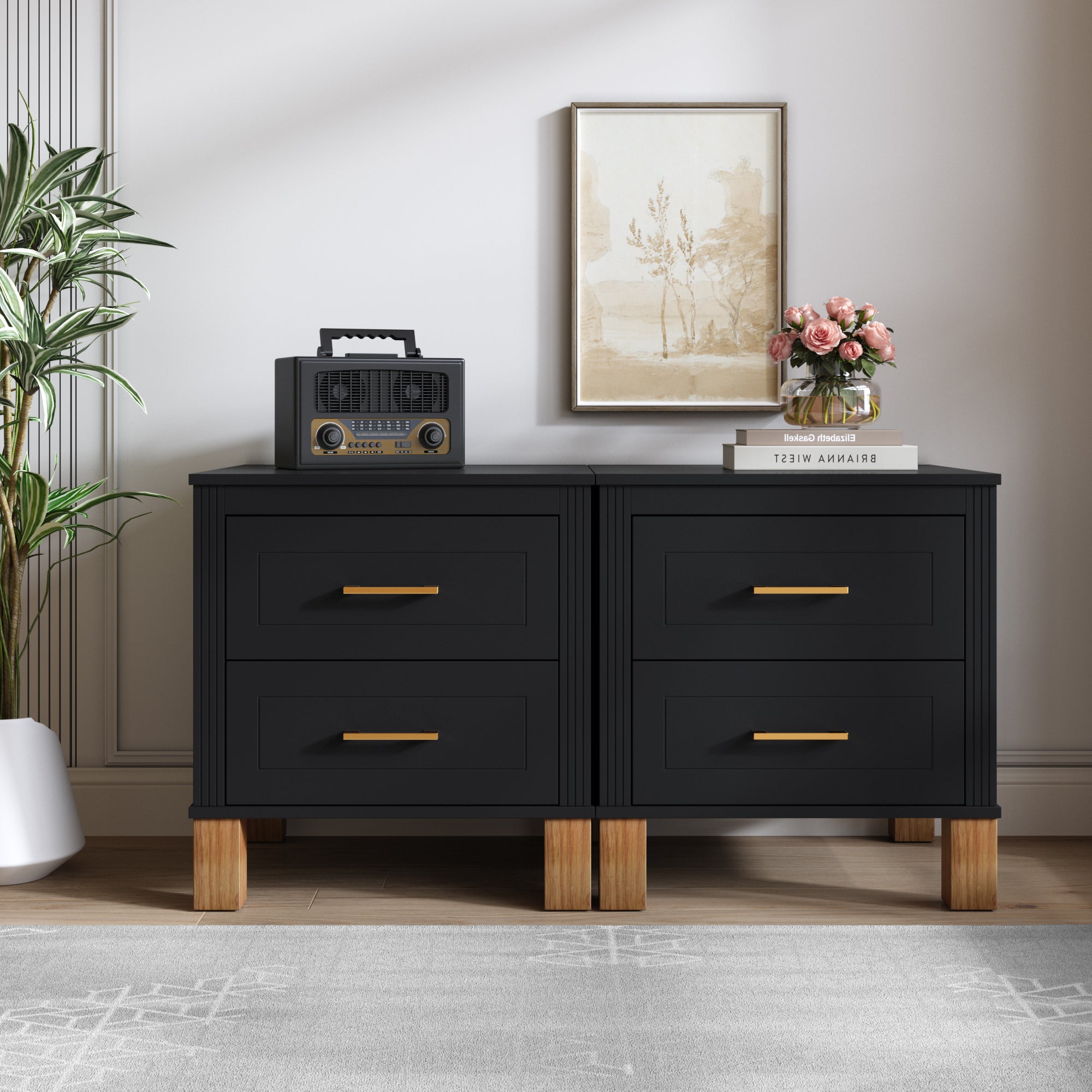 Black 2-drawer fluted bedside table styled in bedroom setting