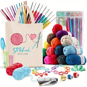 73 Piece Crochet Kit Crochet Hooks Knitting Needles Yarn Balls and Tote Bag Set