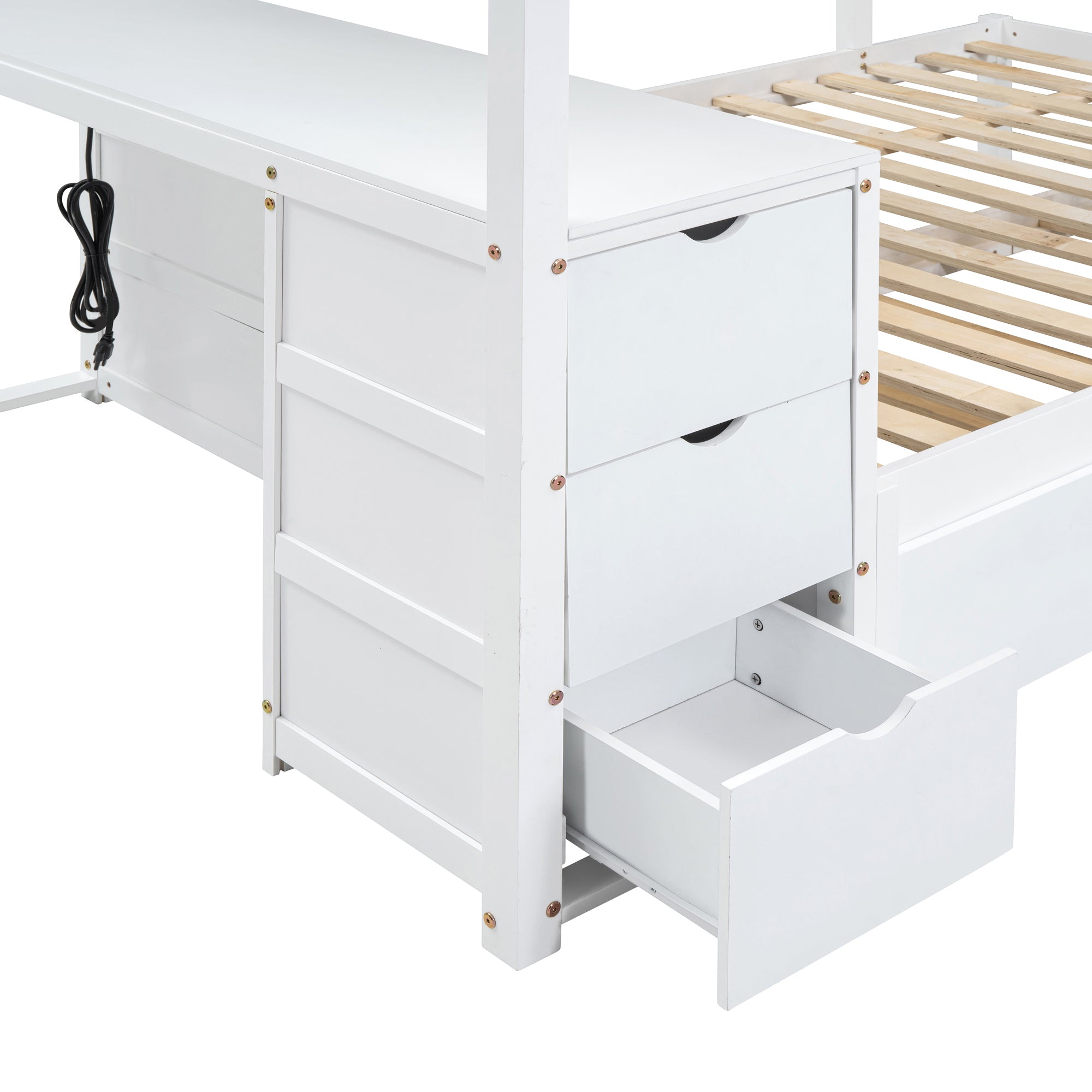 Full-Over-Full Bunk Bed with Twin size Trundle, Storage and Desk, White