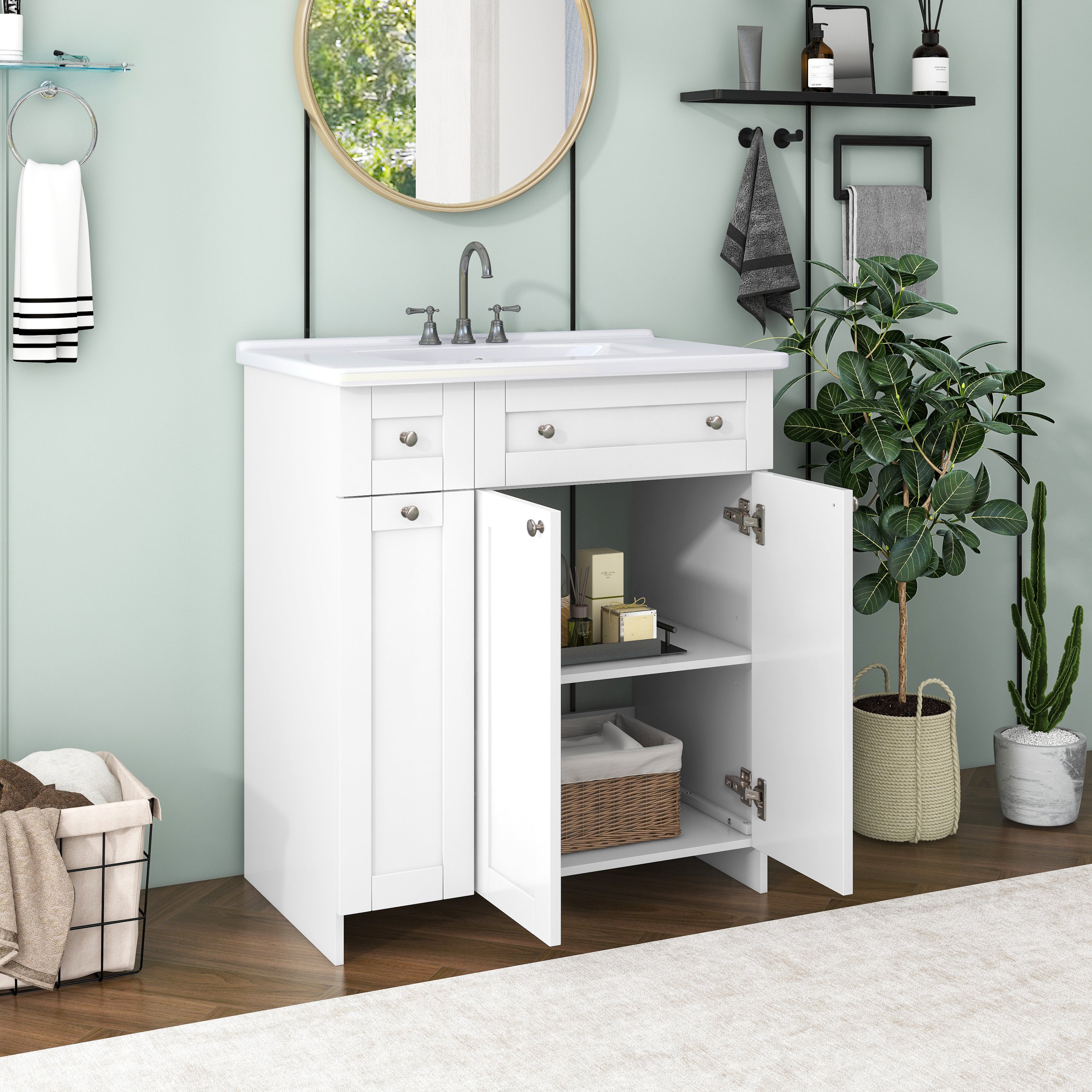 30-Inch White Bathroom Vanity with Ceramic Sink Combo, Abundant Storage Cabinet - 2 Soft close Doors and Double-tier Deep Drawer