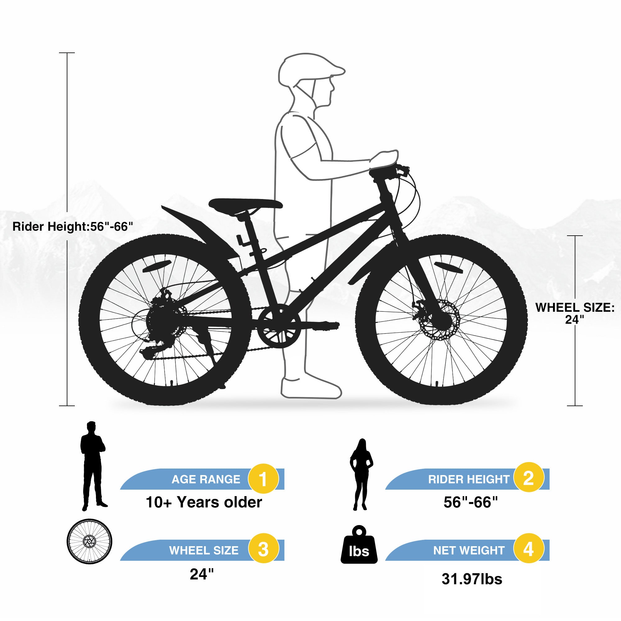 24 Inch Bicycles , Fat Tire Mountain Bike for Boys and Girls Age 10 + Years ,Dual-Disc Brake,Shimano 7-Speed ,Kids Beach and Snow Bicycle