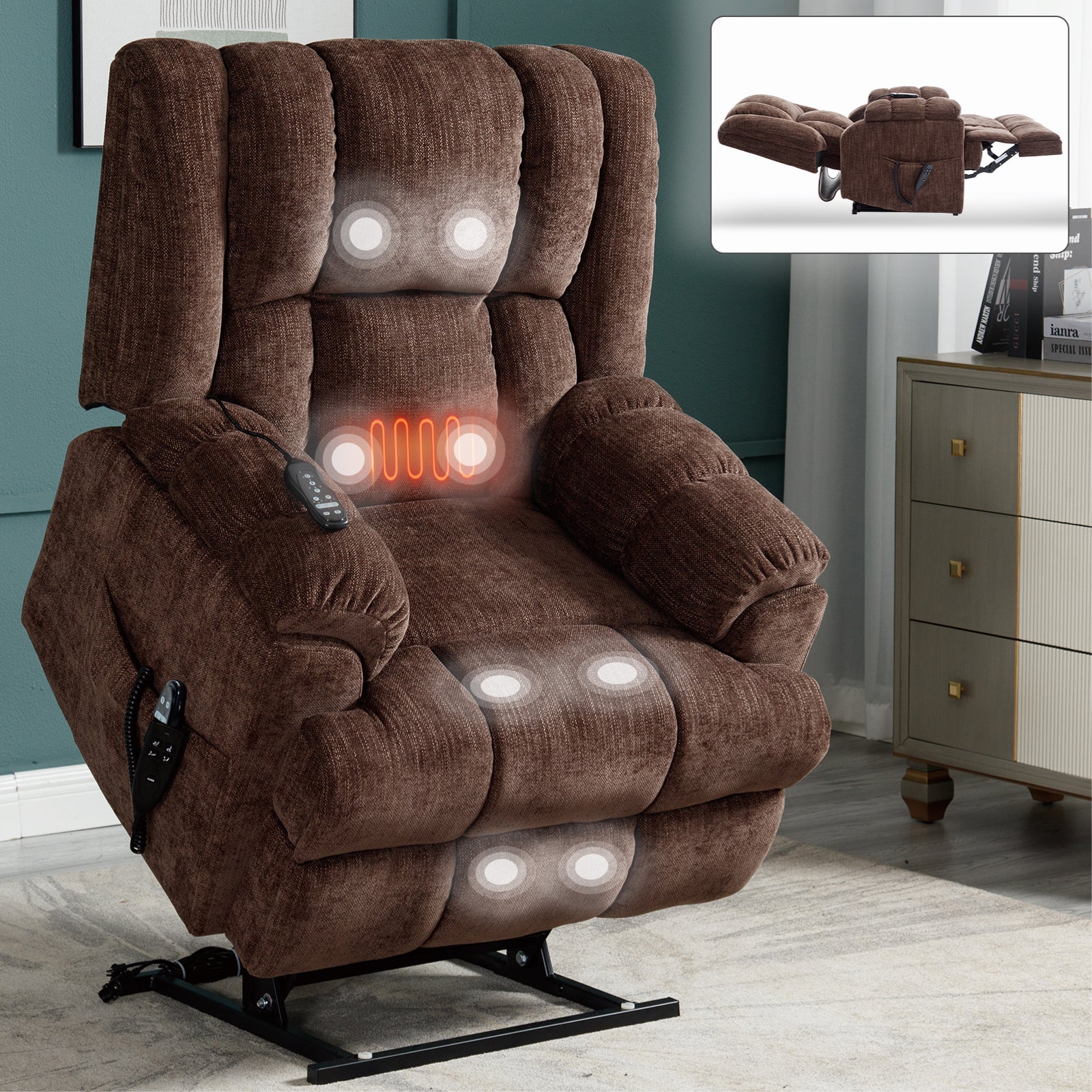 Dual Motor Heat Massage Infinite Position Up to 350 LBS Electric Power Lift Recliners with Power-Remote, Medium-firm and Heavy Duty, Brown