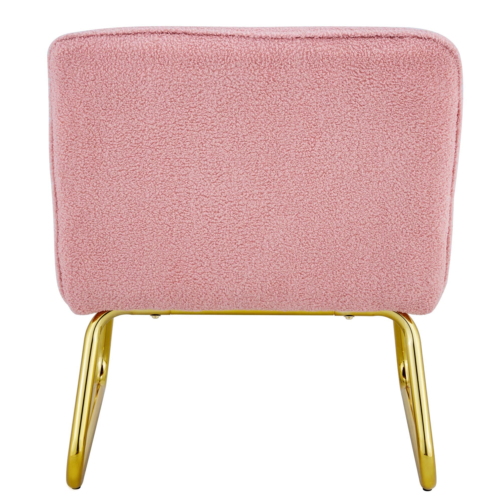 Modern minimalist pink plush fabric single person sofa chair with golden metal legs. Suitable for living room, bedroom, club, comfortable cushioned single person leisure sofa