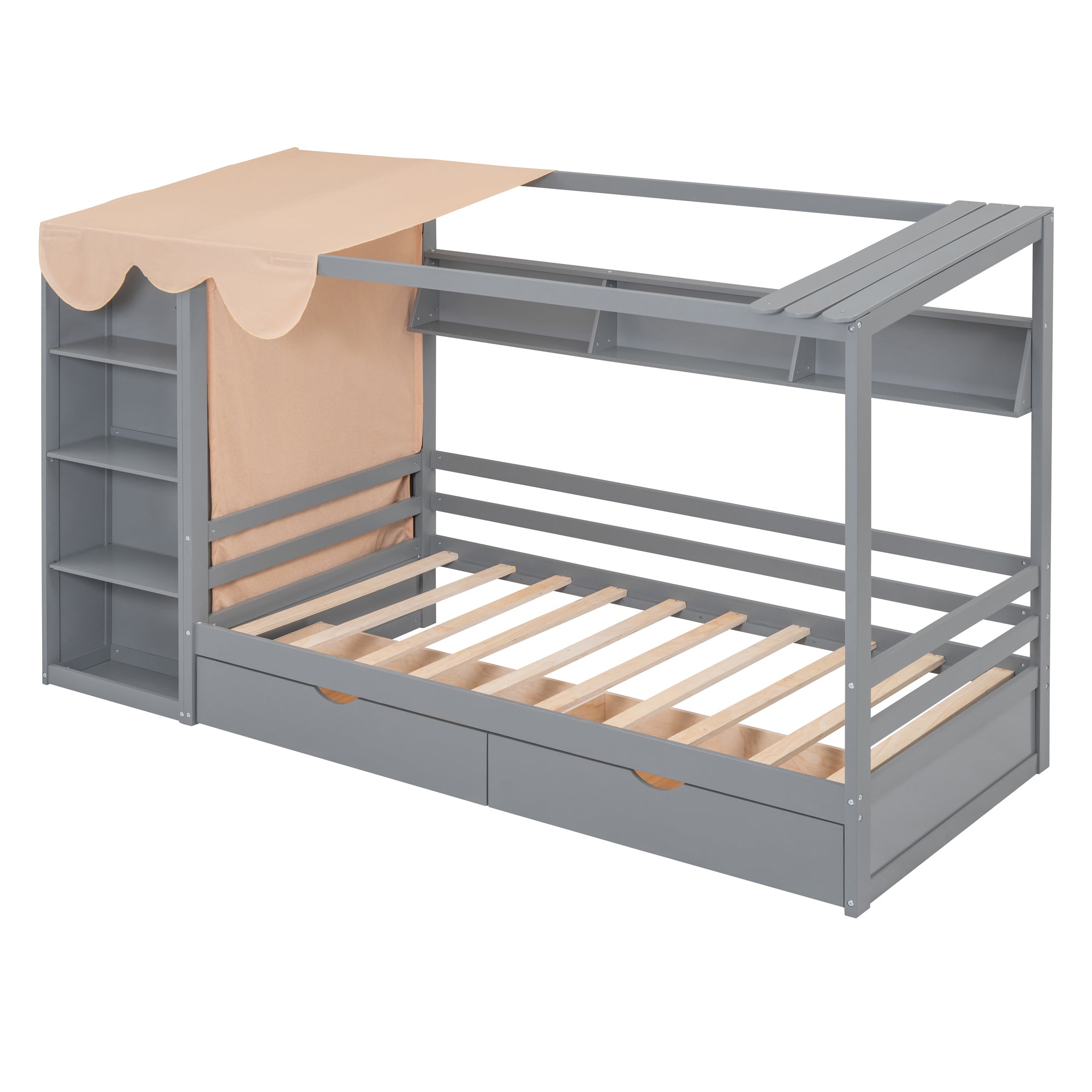 Twin size House Bed with Two Drawers and Wardrobe,Gray