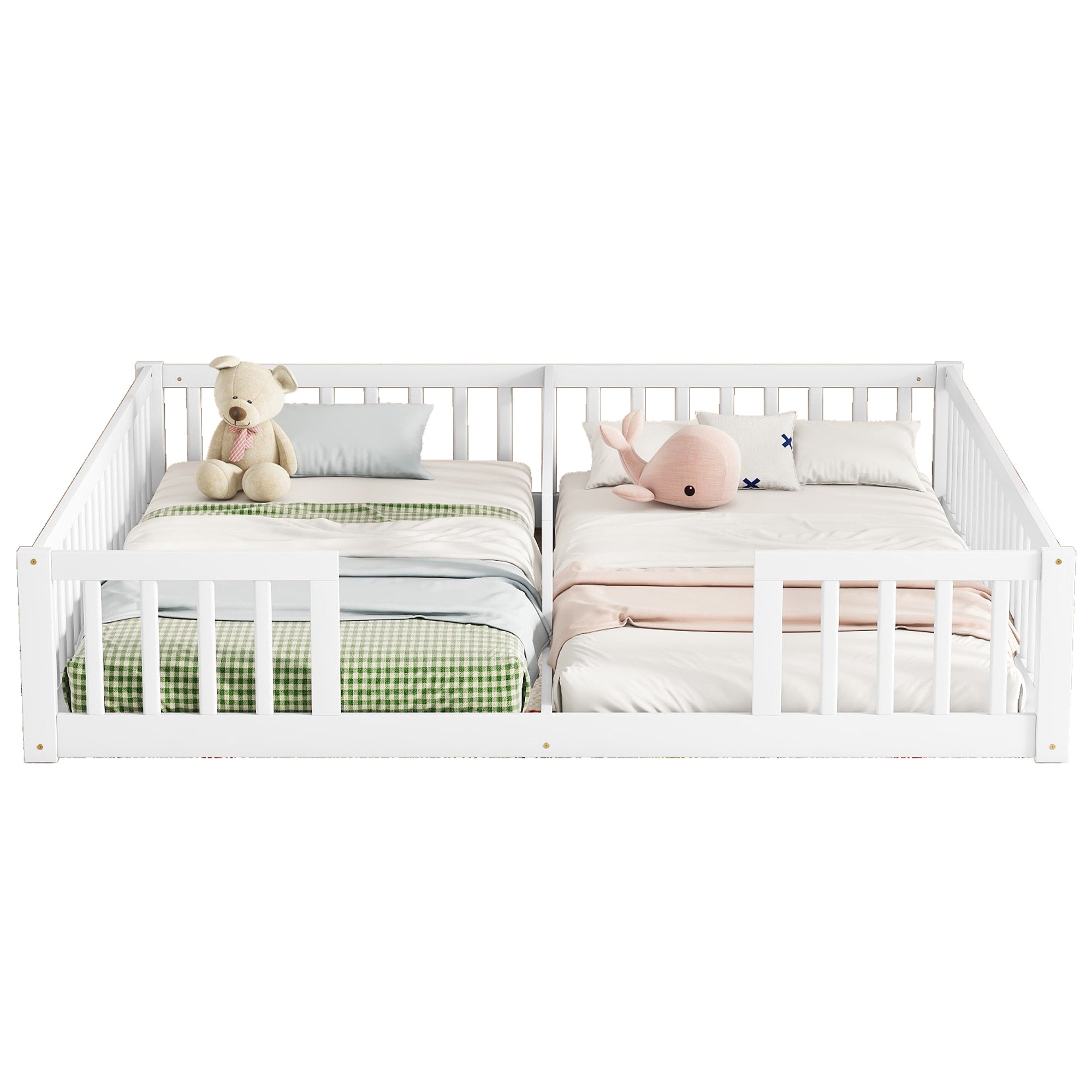 Double Twin Floor Bed with Fence, Guardrails, without door, White