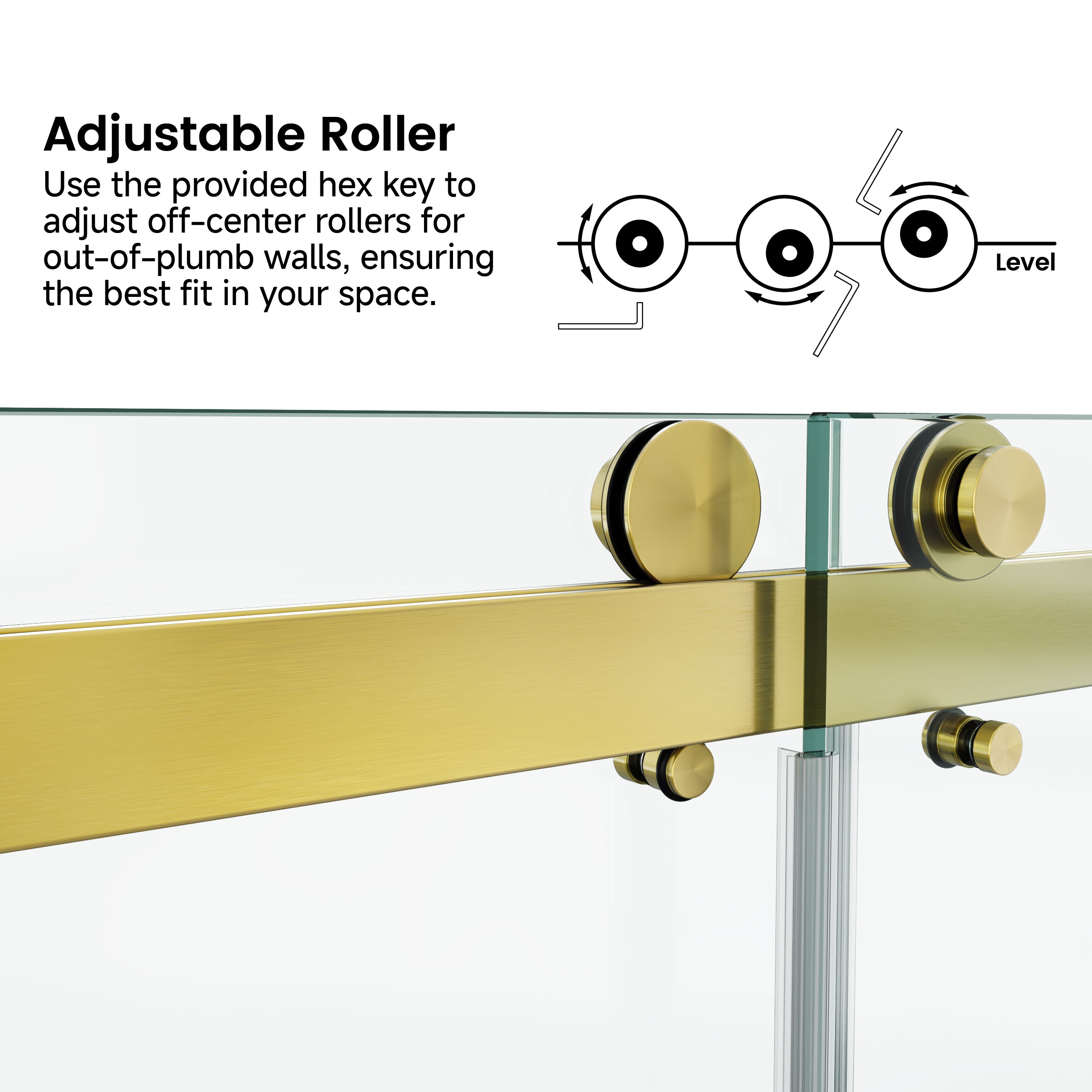 Frameless sliding shower door 60x72 inch gold roller hardware close-up