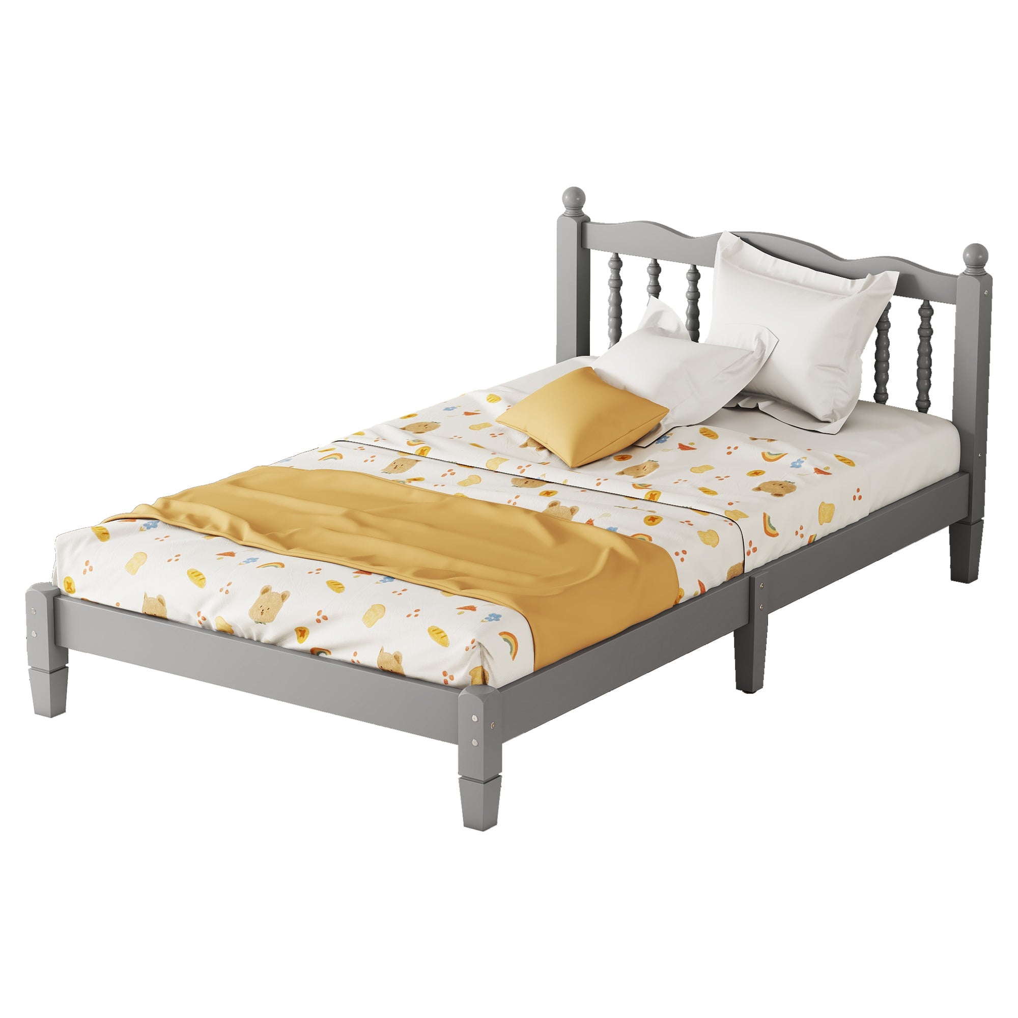 Twin Bed with Column-Decoration Headboard, with Bed Slats,Grey