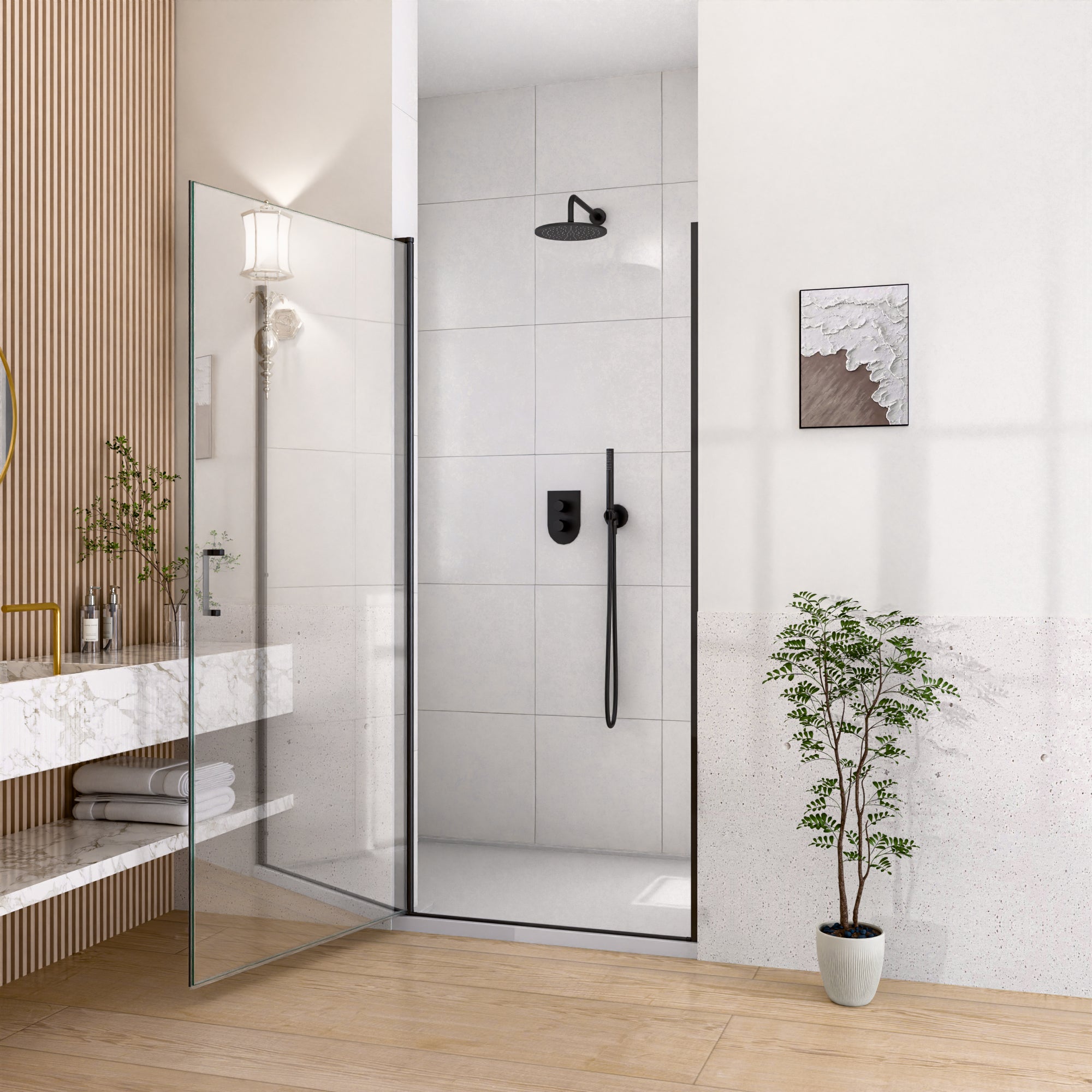 34x72 matte black pivot shower door side profile view