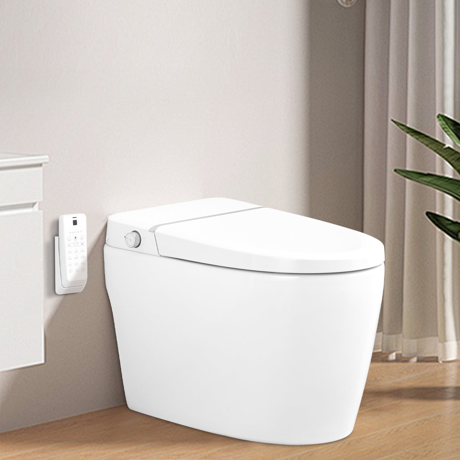 Smart Toilet Bidet Combo with Foot Sensor Open Cover/Seat, Self-Cleaning Nozzle, Heated Seat, Night Light, Knob Control, Power Outage Flushing, Soft Close, Auto Flush, with Remote Control