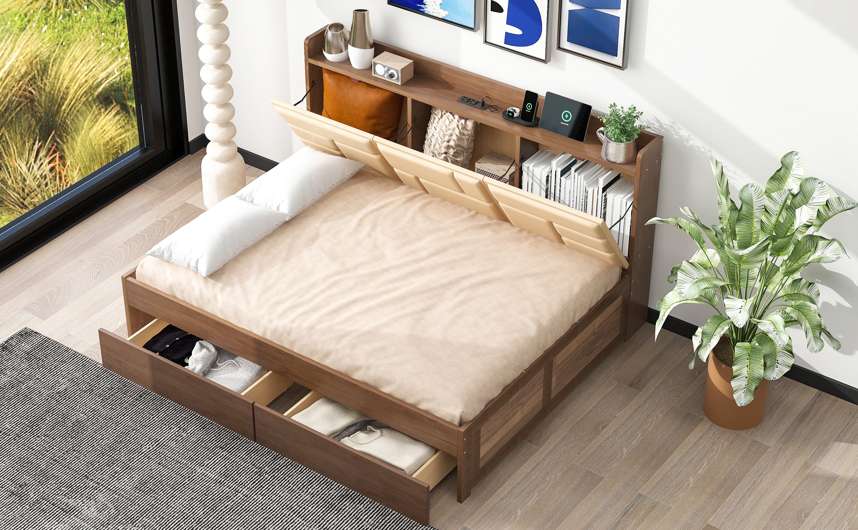 Full Size Wood Daybed with Upholstered Storage Shelves, USB Ports and 2 Drawers, Wood Color