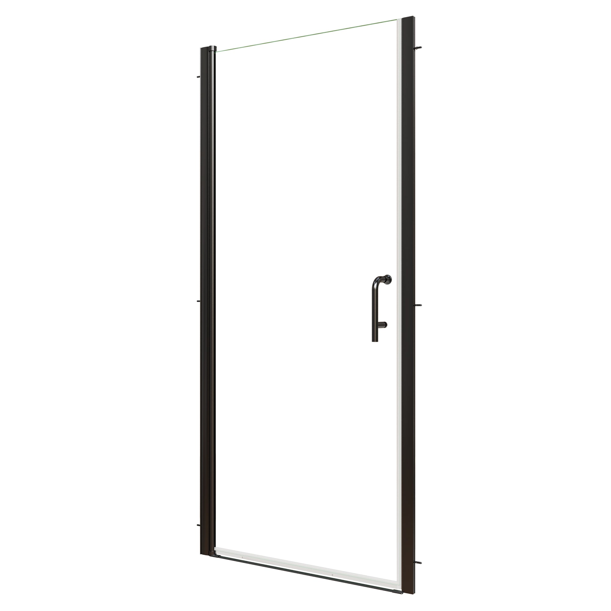 34-36 x 72 in matte black pivot shower door installed view