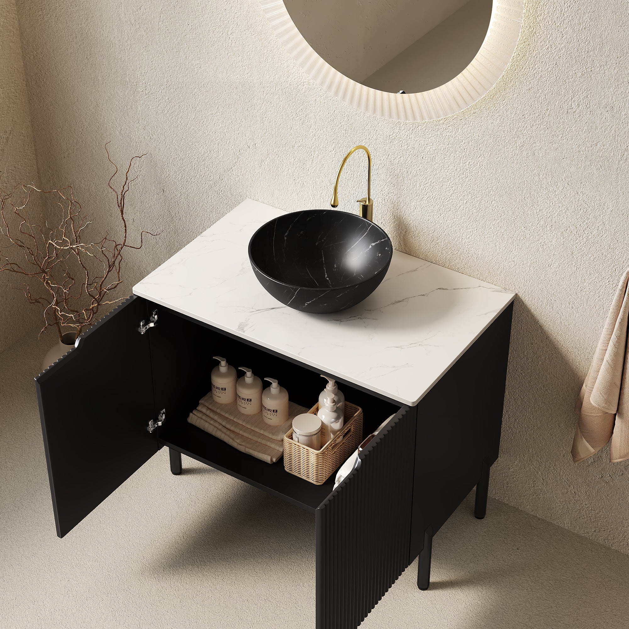 Black bathroom vanity with black bowl ceramic basin and sintered stone top, angled view