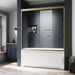 Brushed gold semi-frameless 56-60 in. sliding bathtub shower door, front view