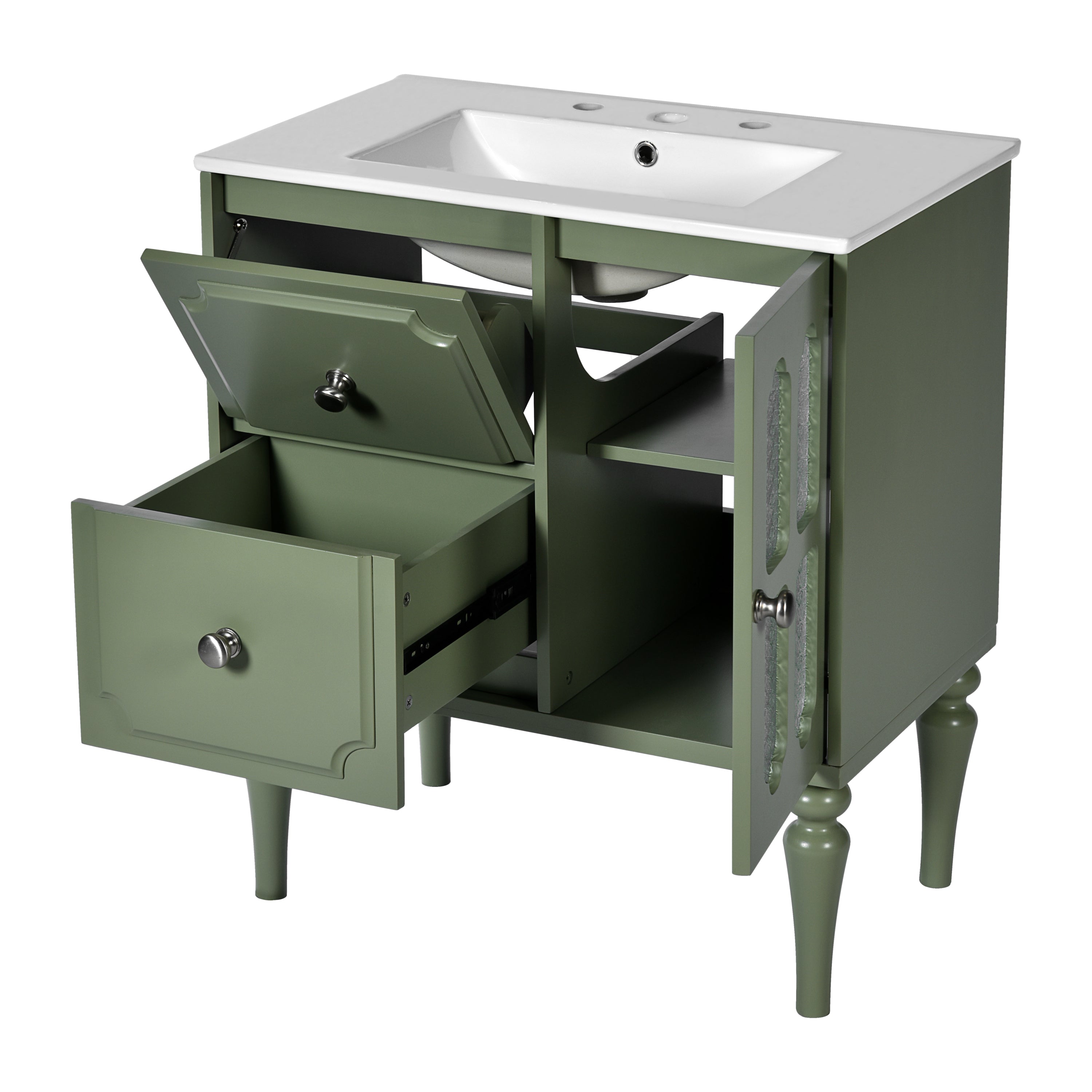 Retro Style 30'' Bathroom Vanity with Ceramic Sink Combo, Freestanding Single Vanity with 2 Drawers, Solid Wood Frame Bathroom Storage Cabinet, Green