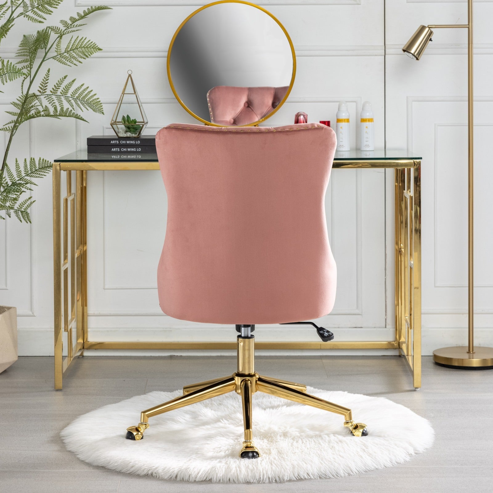 A&A Furniture Office Chair,Velvet Upholstered Tufted Button Home Office Chair with Golden Metal Base,Adjustable Desk Chair Swivel Office Chair (Pink)