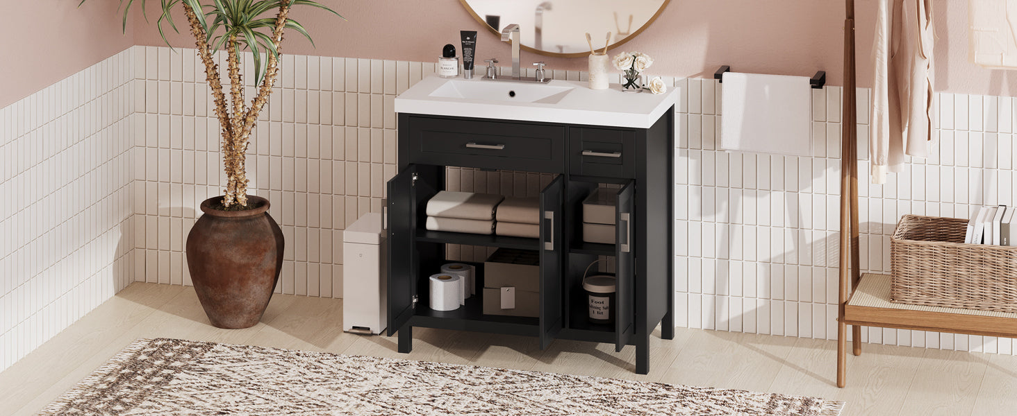 36" Black Bathroom Vanity Cabinet with Resin Integrated Sink - 2 Drawers, 3 Doors