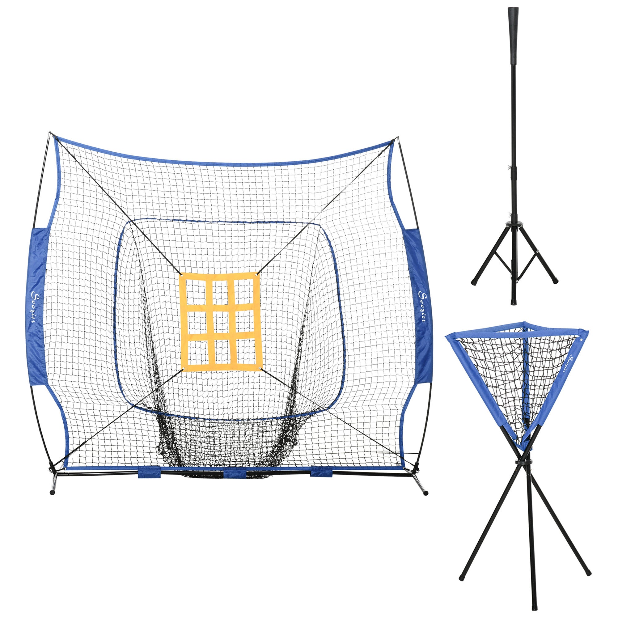 Soozier Baseball Practice Net Set with 7.5x7ft Catcher Net, Ball Caddy and Batting Tee, Portable Baseball Practice Equipment with Carry Bag for Hitting, Pitching, Batting, Catching, Blue