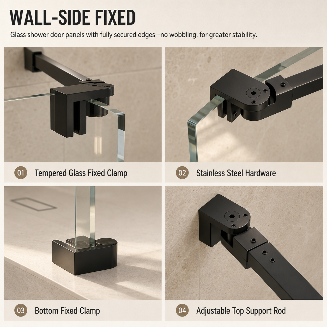 Frameless fixed shower panel 36 x 76 in matte black wall clamp detail