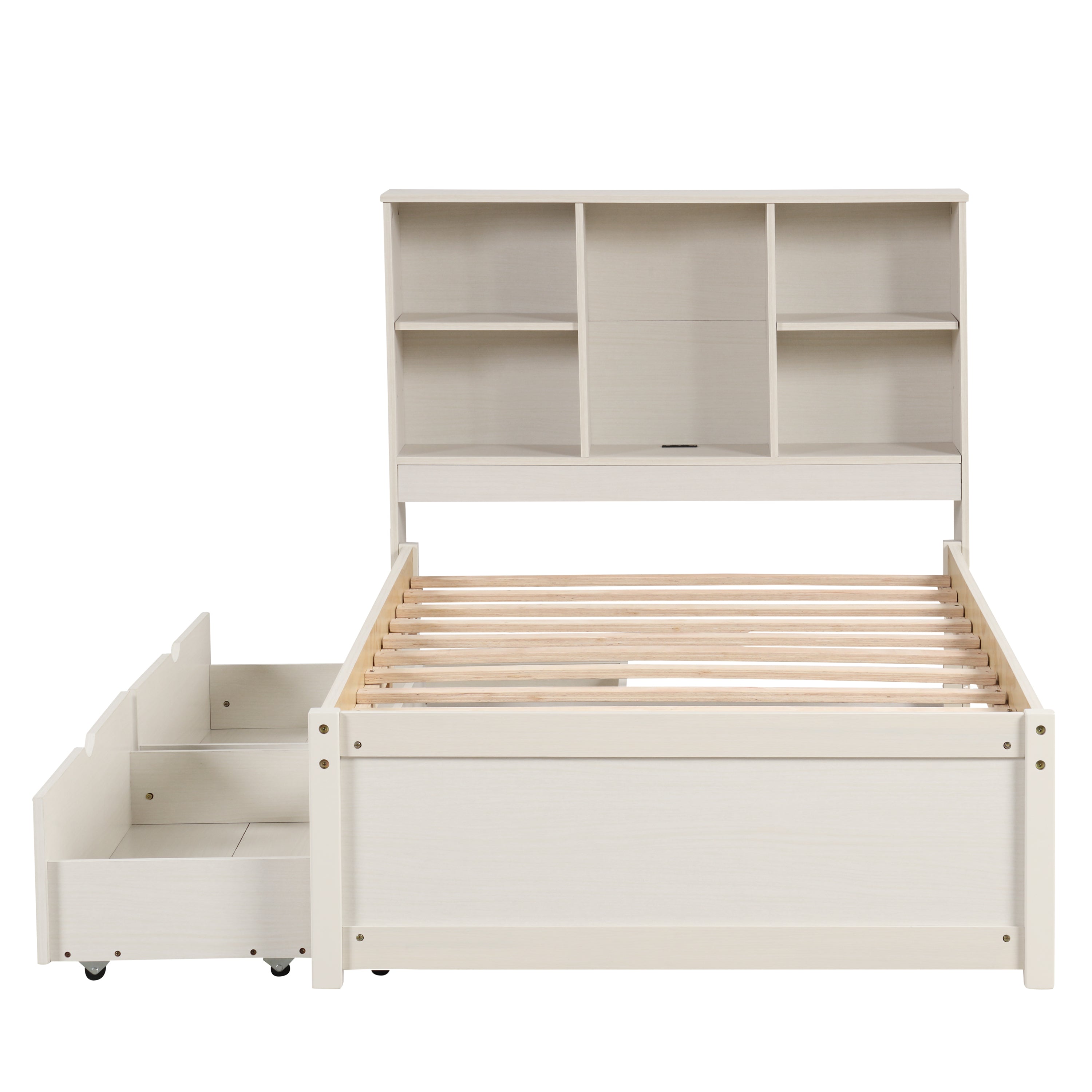 Modern Twin Size Bed Frame With Built-in USB Port on Bookcase Headboard and 2 Drawers for White Washed Color