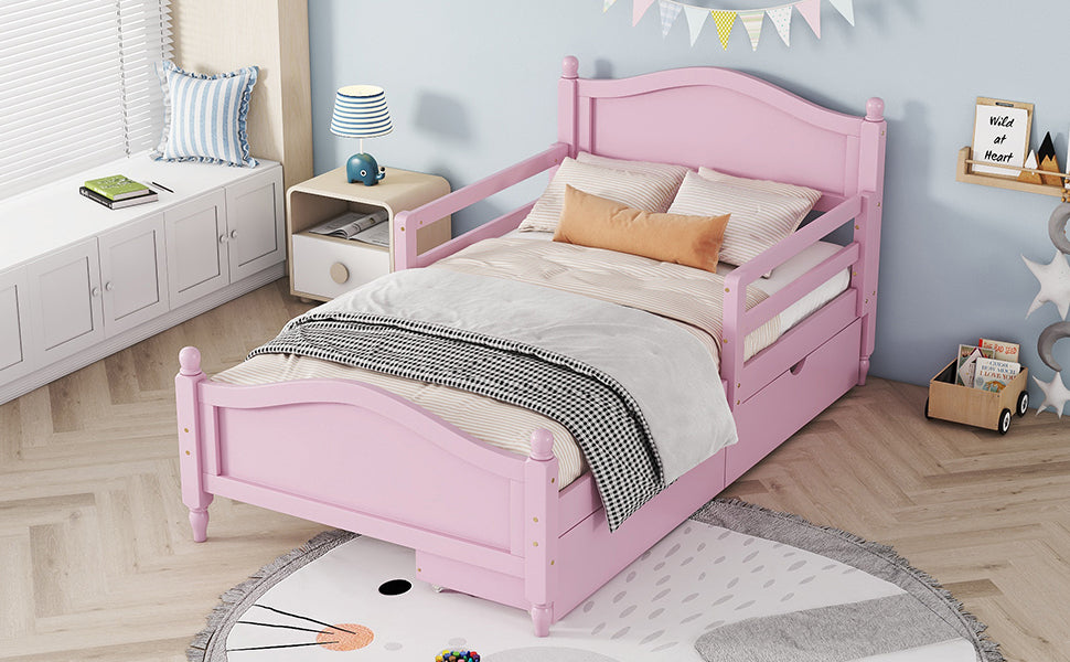 Twin Size Wood Platform Bed with Guardrails on Both Sides and Two Storage Drawers ,Pink