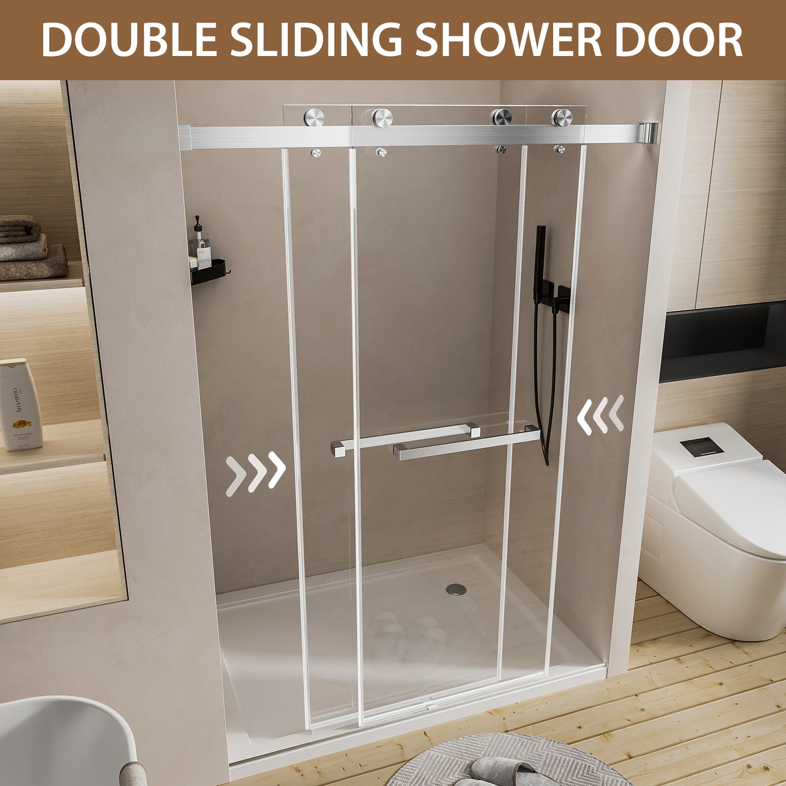 Frameless double sliding shower door 50-54 inch brushed nickel glass detail