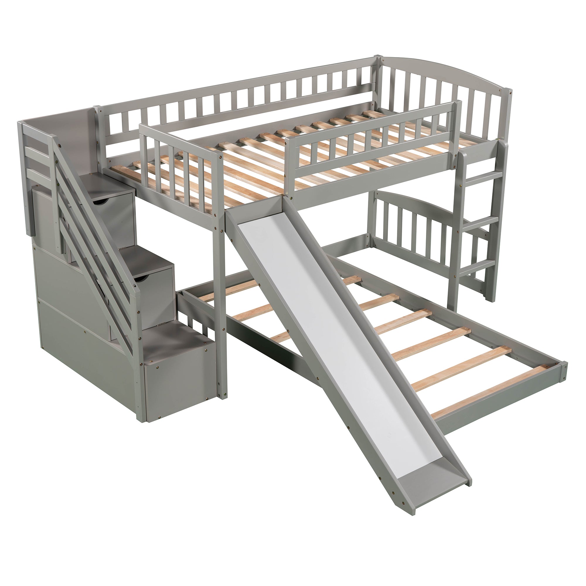 Stairway Twin over Twin Bunk Bed with Two Drawers and Slide, Gray(OLD SKU :LP000156AAE)