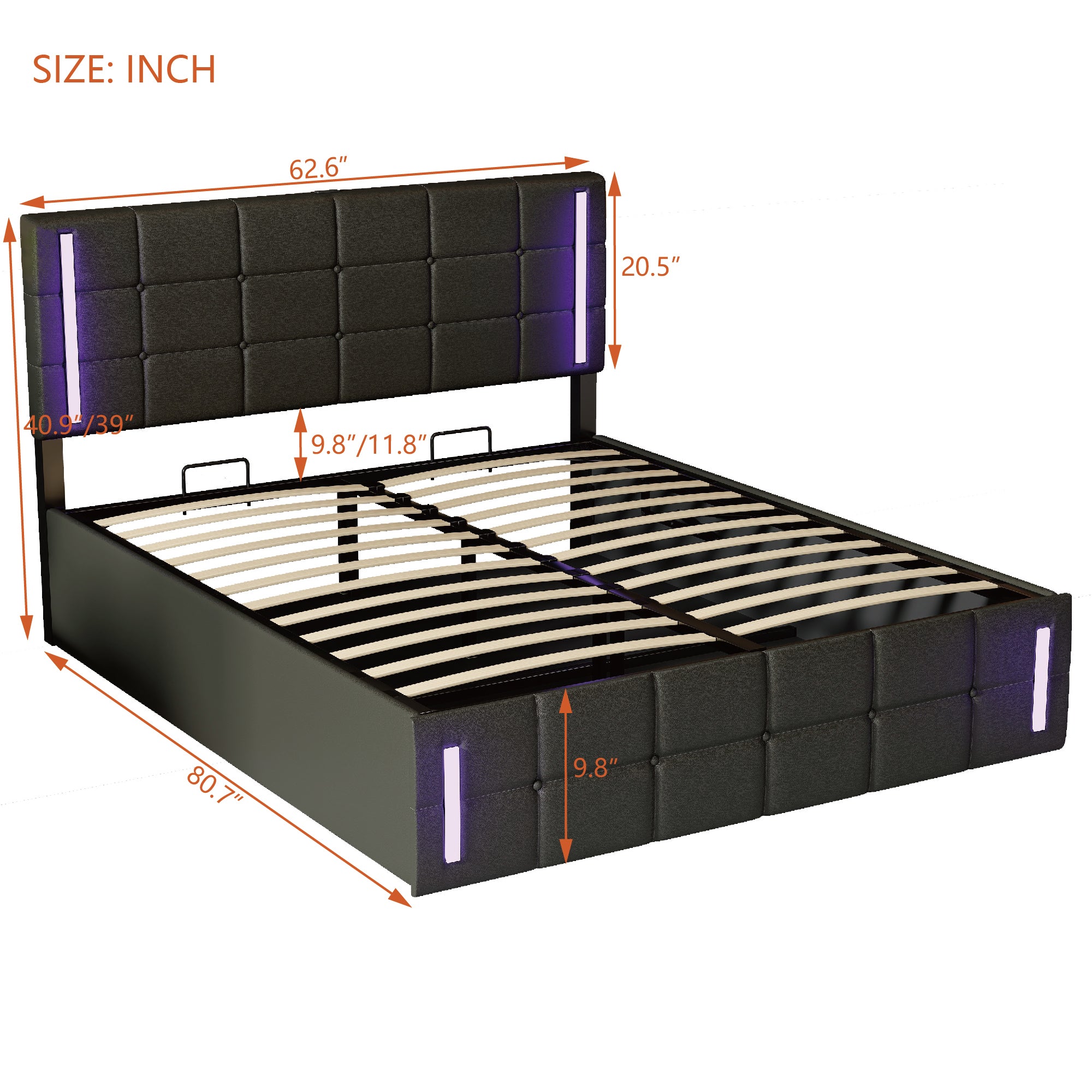 Queen Size Upholstered Bed with LED Lights,Hydraulic Storage System and USB Charging Station,Black