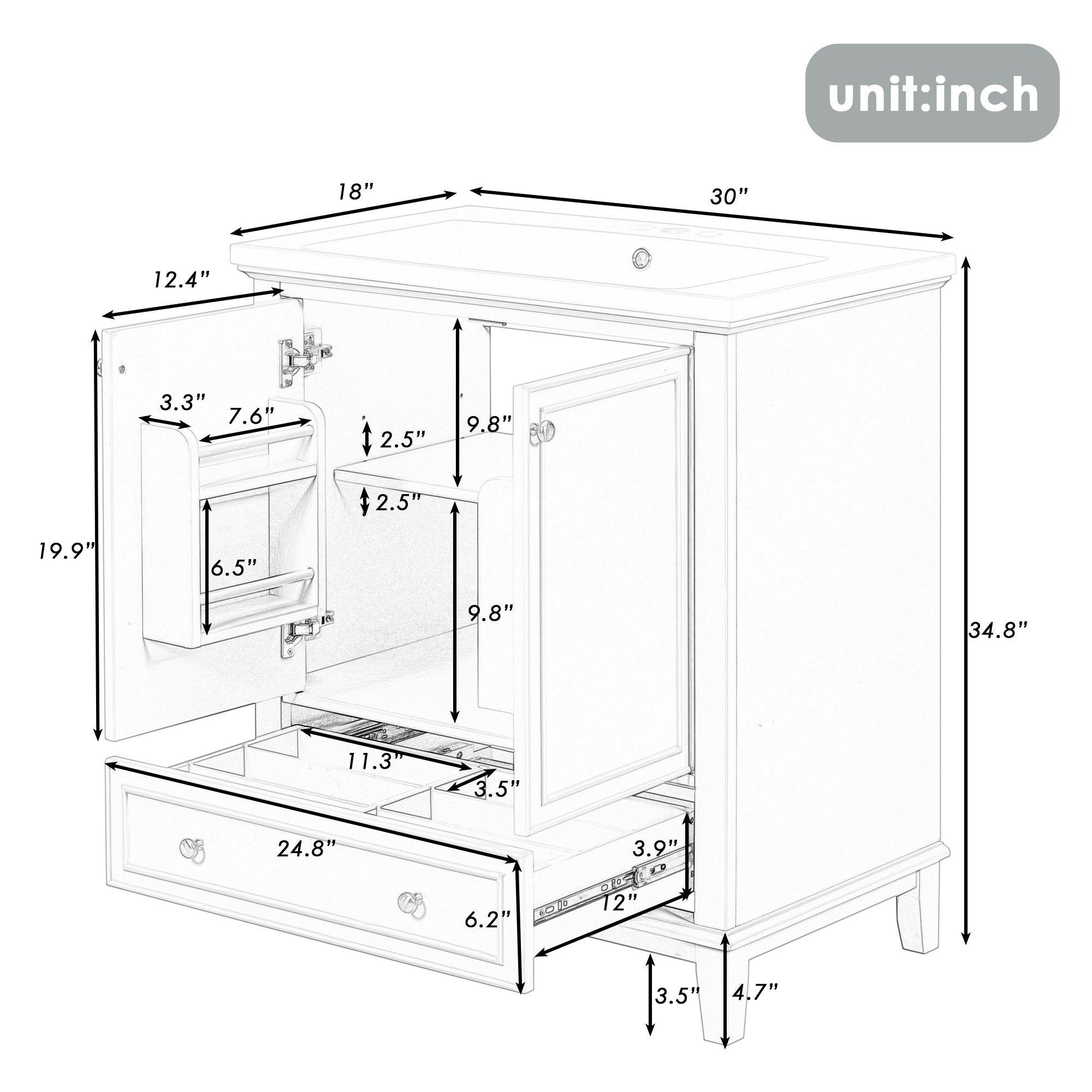 30" Bathroom Vanity with Sink Combo, Multi-functional Bathroom Cabinet with Doors and Drawer, Solid Frame and MDF Board, Green (Old Sku:SY999606AAC)