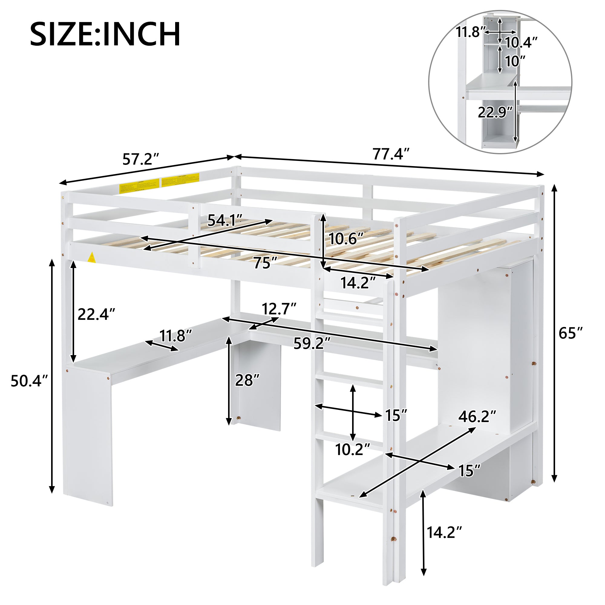 Full Size Loft Bed with L-shaped Desk, Wardrobe and Storage Shelves, White