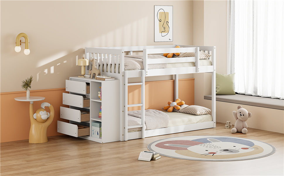 Twin over Twin Bunk Bed with 4 Drawers and 3 Shelves-White