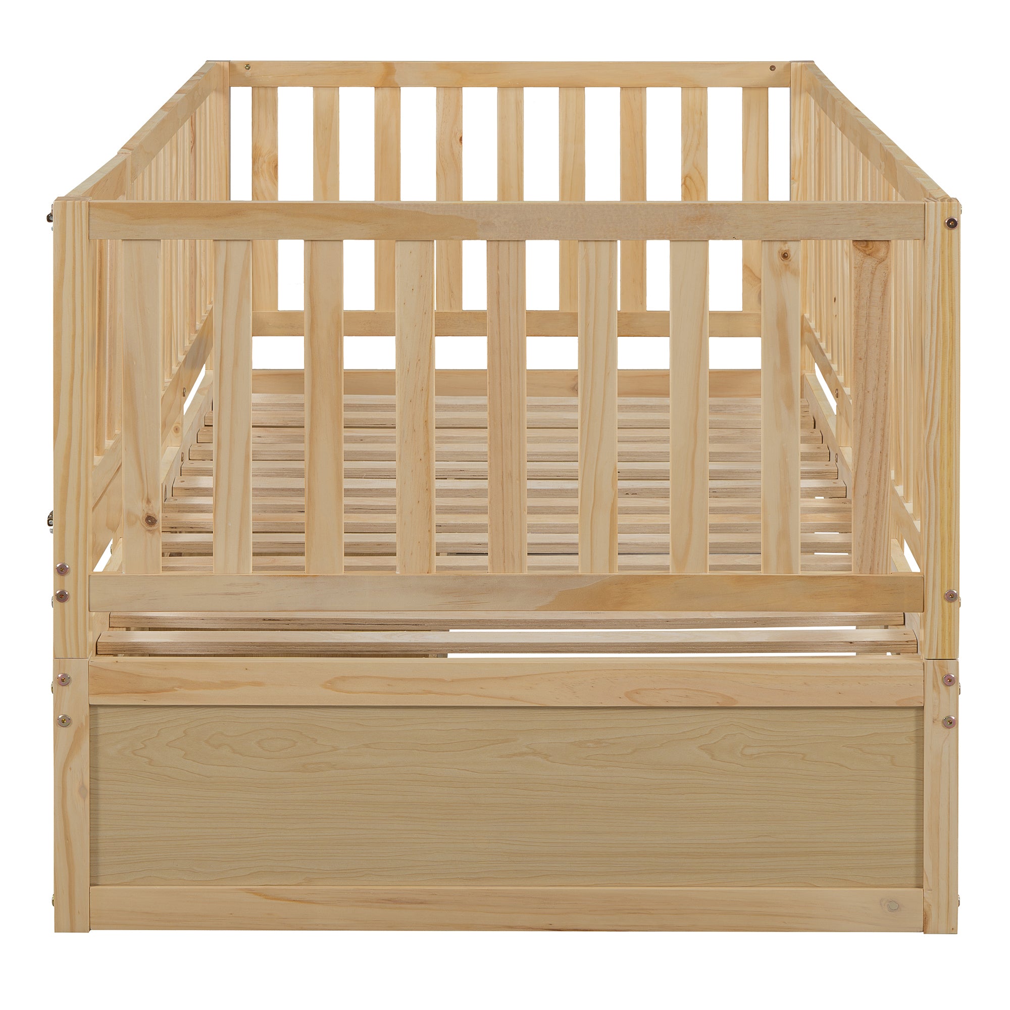 Twin Size Wood Daybed with Fence Guardrails and 2 Drawers, Split into Independent Floor Bed & Daybed, Natural(OLD SKU :LP000881AAN)