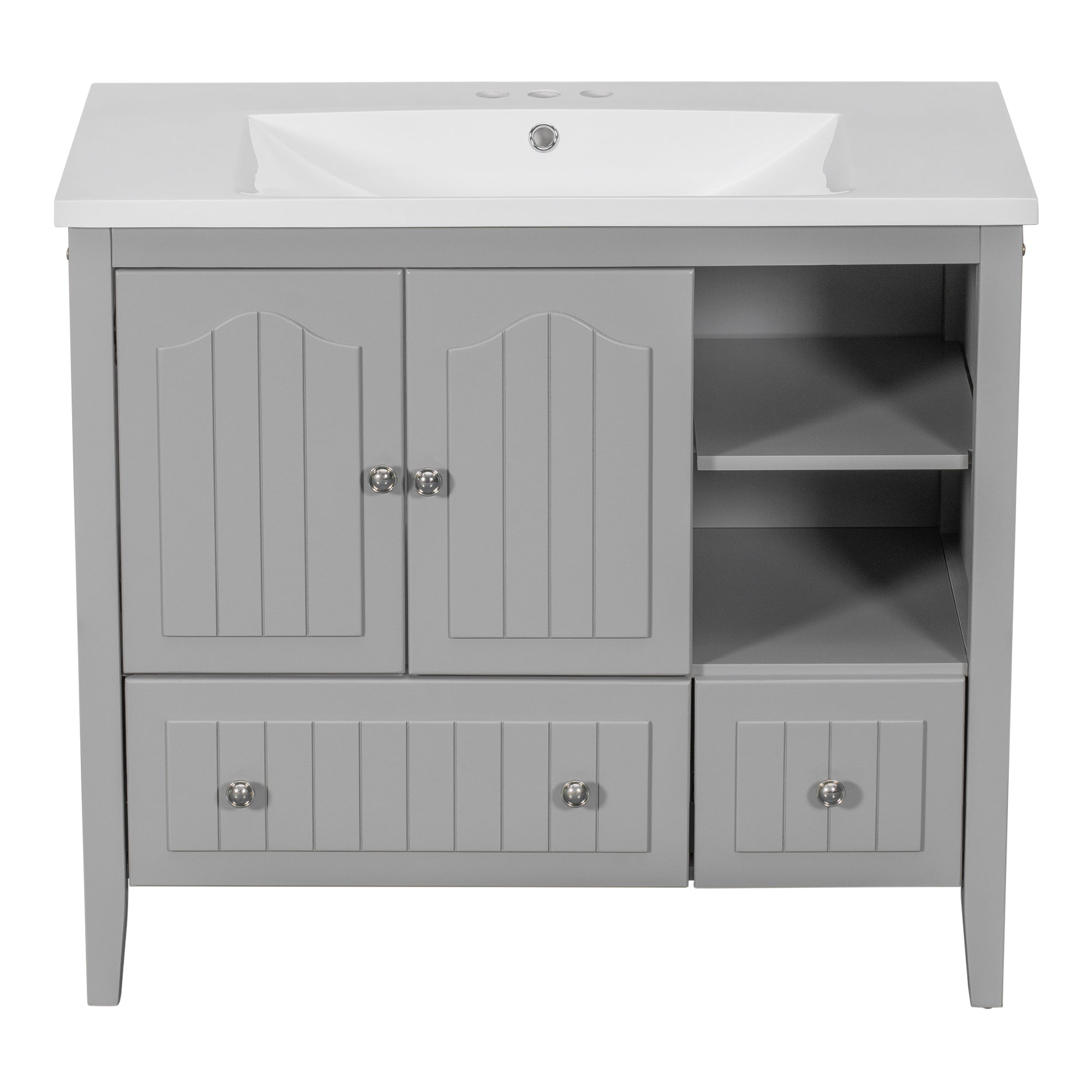 [VIDEO] 36" Bathroom Vanity with Ceramic Basin, Bathroom Storage Cabinet with Two Doors and Drawers, Solid Frame, Metal Handles, Grey (OLD SKU: JL000003AAE)