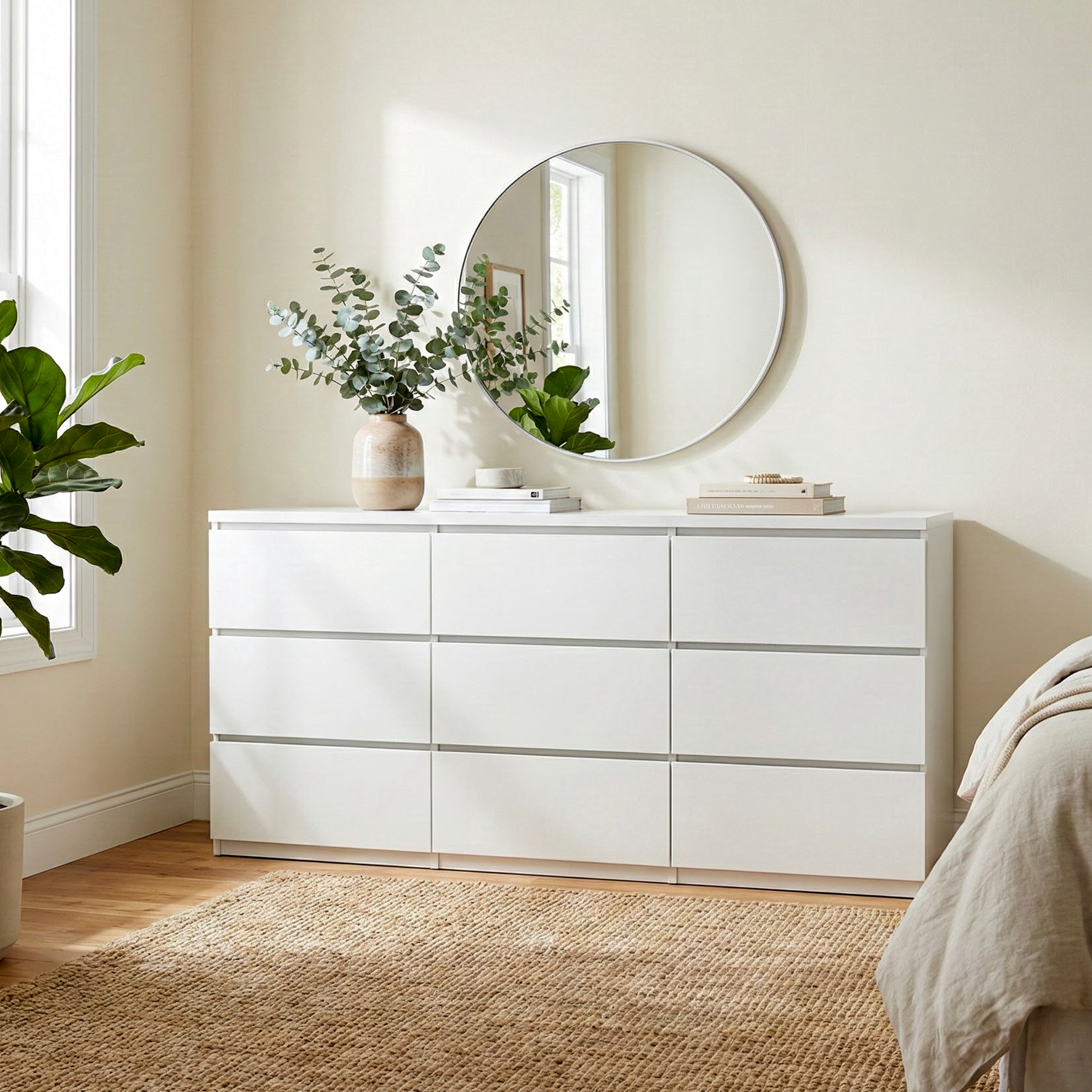 Modern white matte wood dresser, drawers open detail