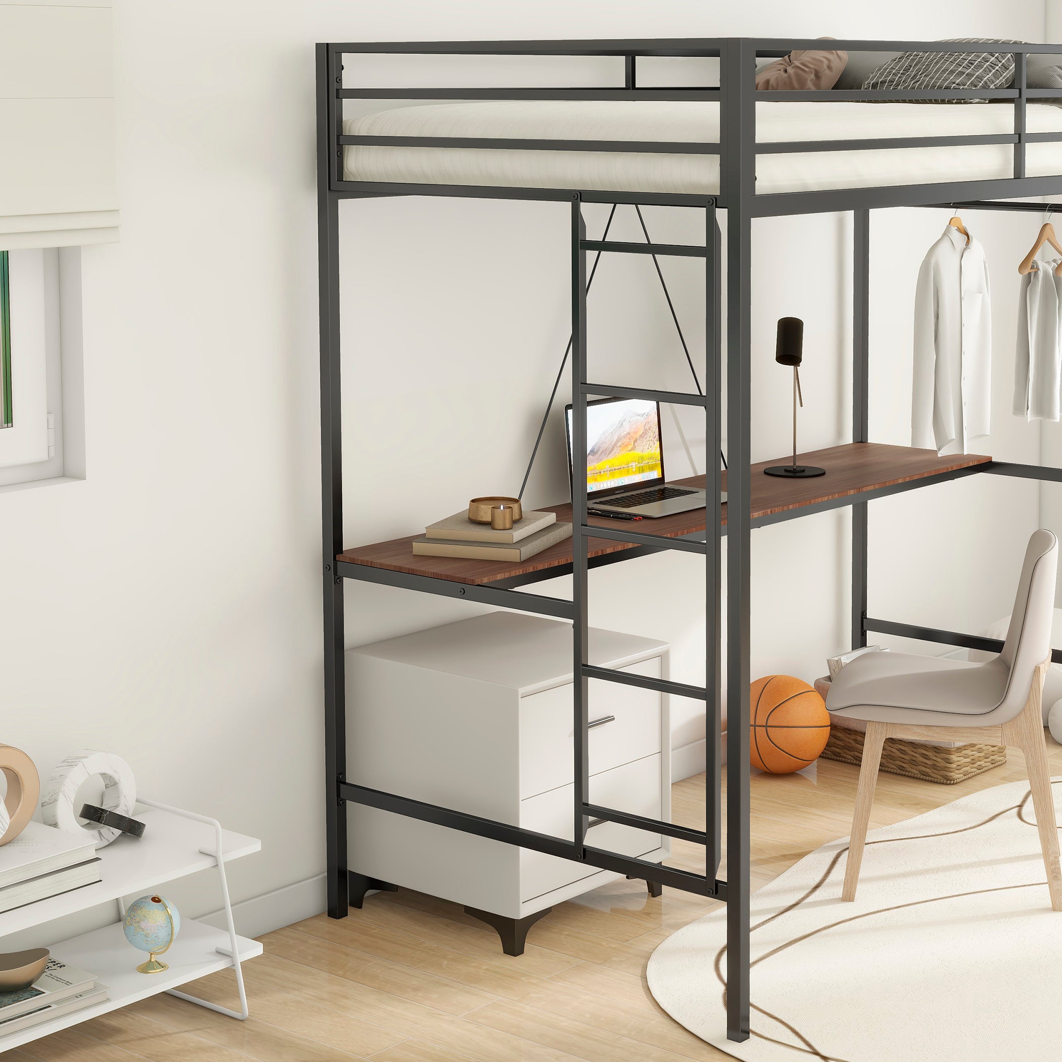 Adam Sturdy Twin Loft Bunk Black with Cinnamon Wood Desk and Closet Rod for Adult and Kids, and Easy Climbing with Sturdy Ladder, Space Saving