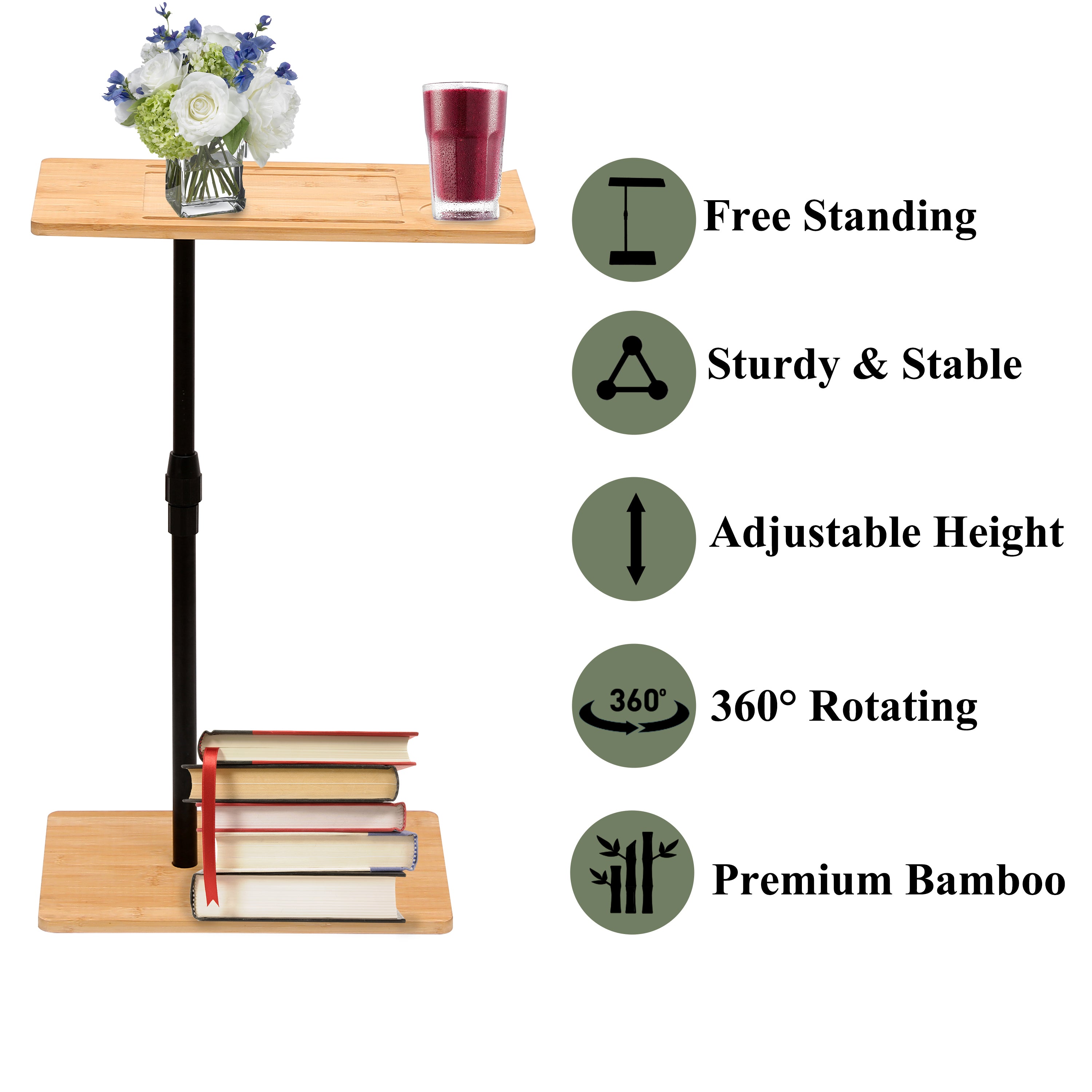 Bamboo Couch Tray Table Height Adjustable C-Shaped End Table with Slots 2 Tier Sofa Side Table for Living Room & Bedroom (Rectangle + Rectangle)