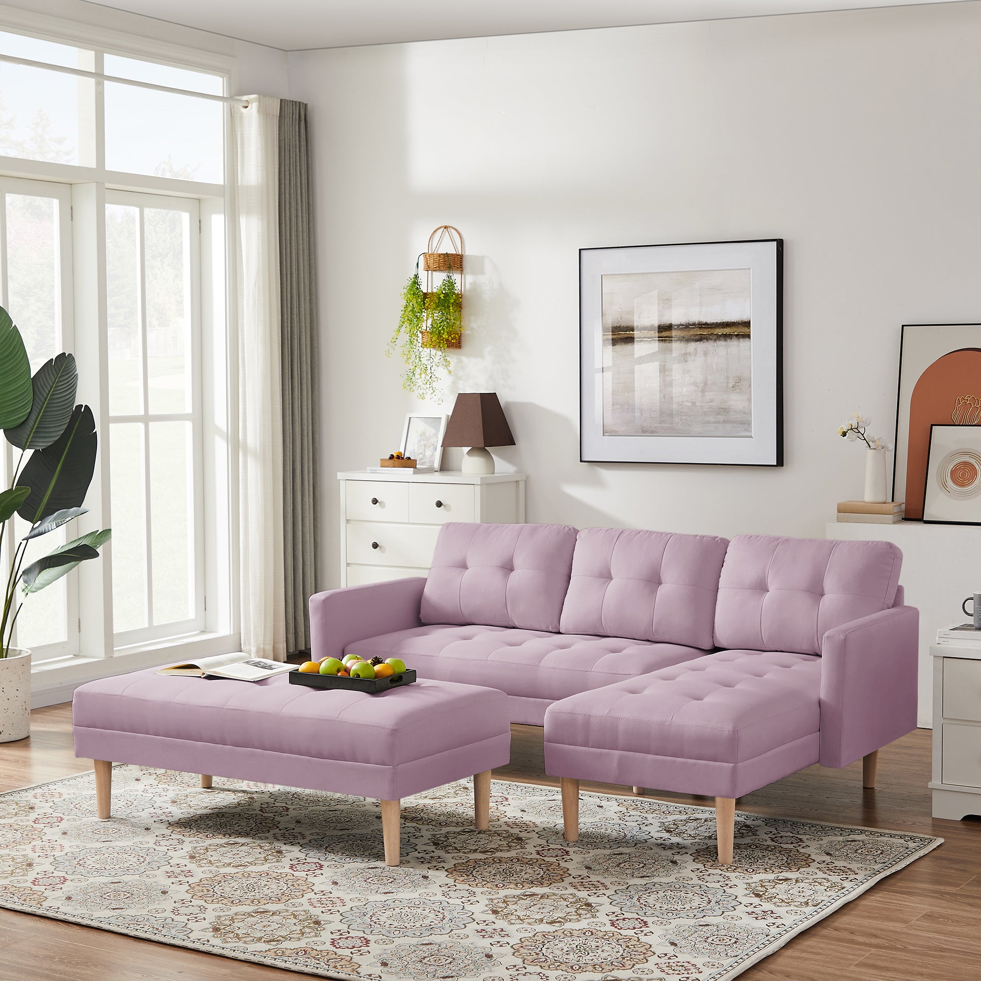 PINK Fabric Right Facing Sectional Sofa Bed , L-shape Sofa Chaise Lounge with Ottoman Bench