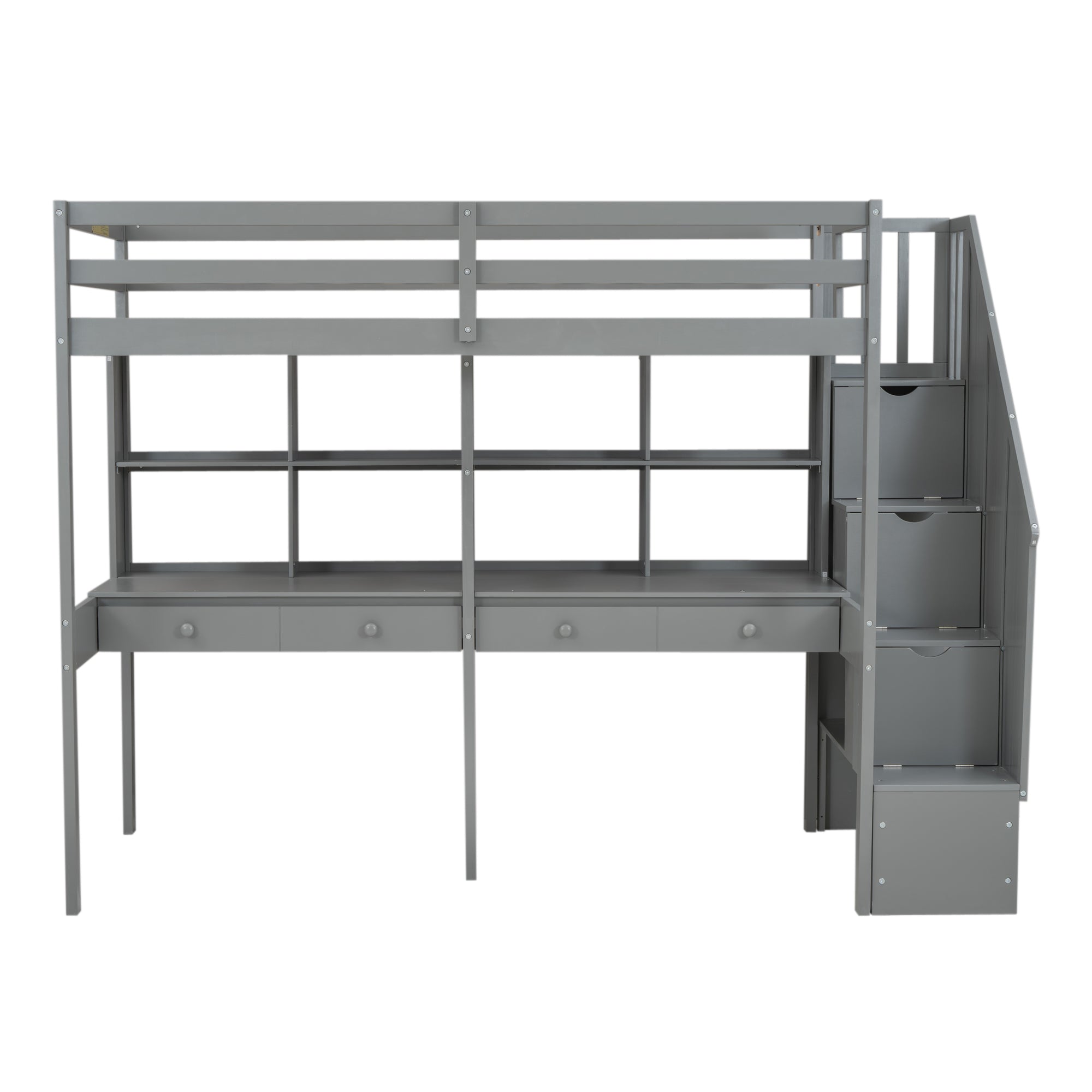 Twin Size Loft Bed Frame with Storage Staircase and Double Desks and Shelves,Gray