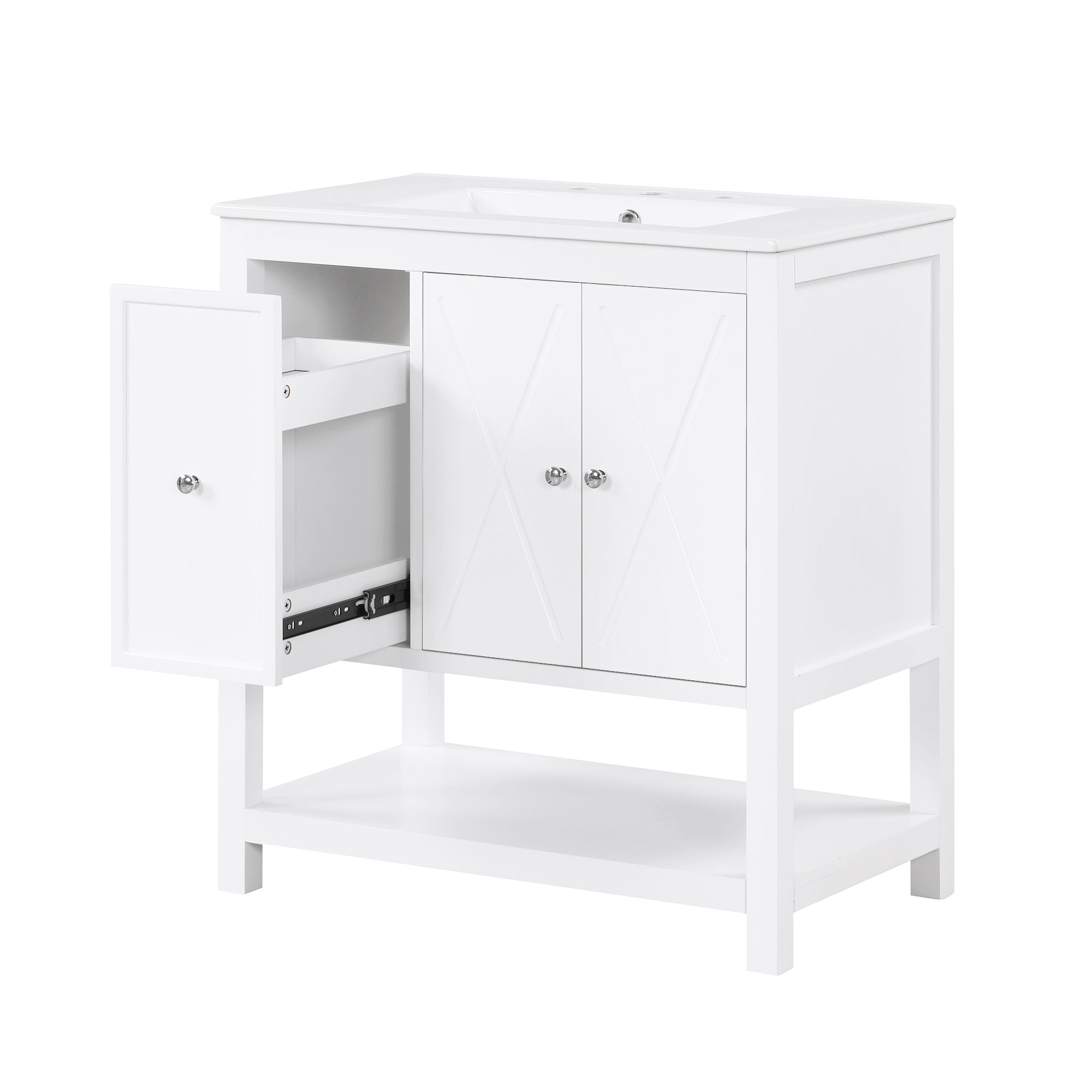 30" Bathroom Vanity with Sink Top, Bathroom Vanity Cabinet with Two Doors and One Drawer, MDF Boards, Solid Wood, One Package, White