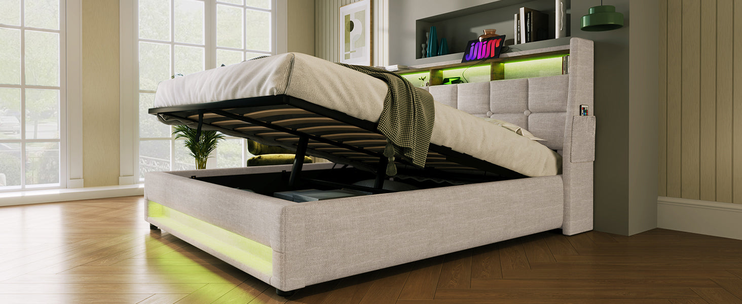 Queen size Upholstered Platform bed with a Hydraulic Storage System, LED and USB Charging, Natural (without mattress)