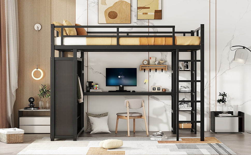 Metal Full Size Loft Bed with Desk,Shelves,Wardrobe, Black