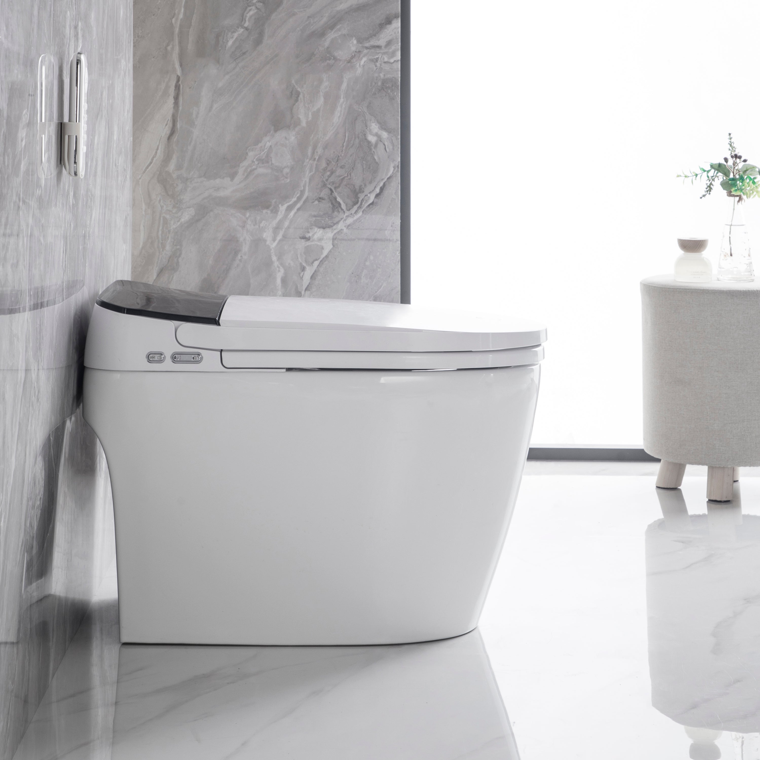 Elongated Smart Toilet with Elongated Heated Bidet Seat, Intelligent Toilet with Bidet Built-in, Feet Sensor,Auto Open/Close Seat, Off Seating AUTO Flush, Night Light, Warm Water & Dryer,White