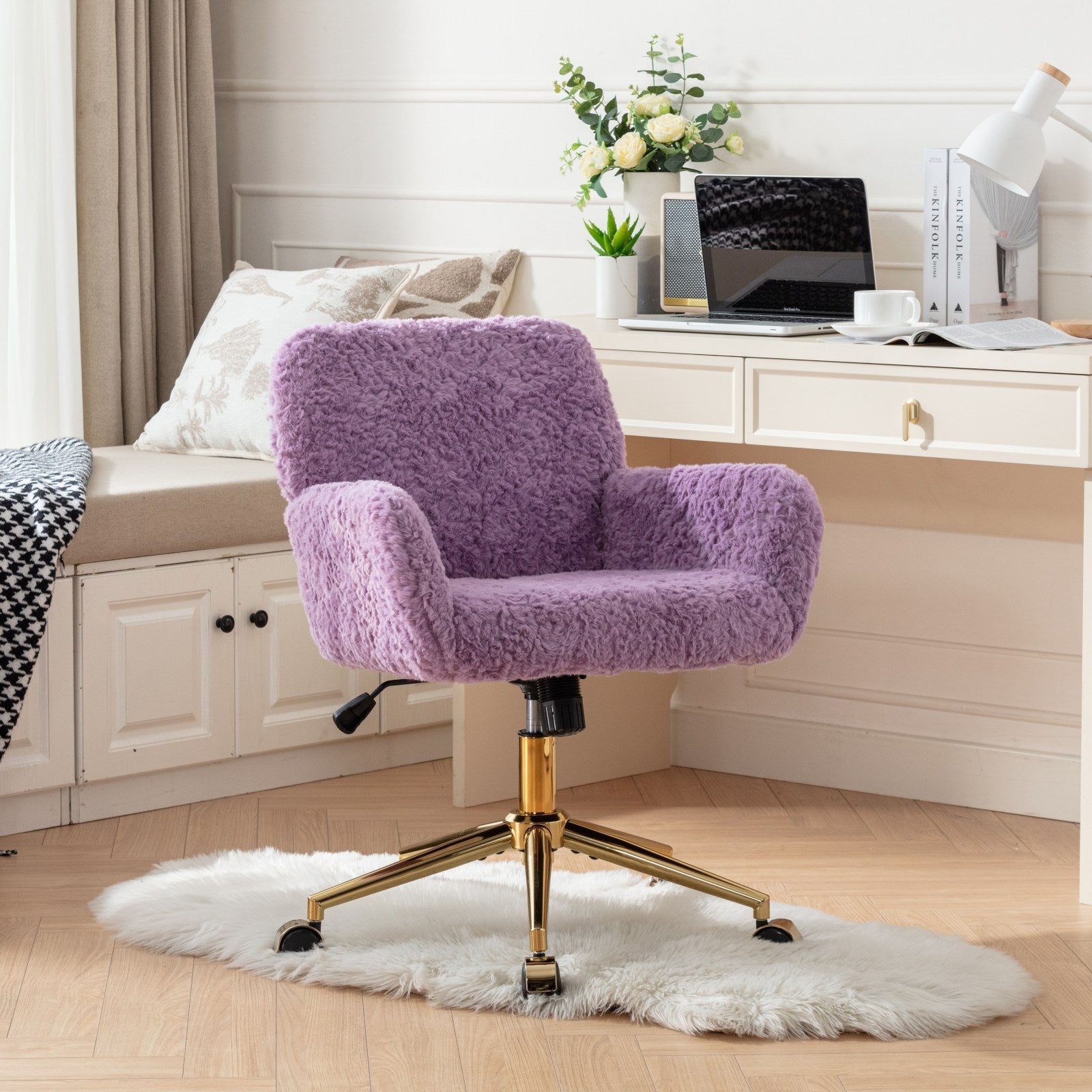 A&A Furniture Office Chair,Artificial rabbit hair Home Office Chair with Golden Metal Base,Adjustable Desk Chair Swivel Office Chair,Vanity Chair(Violet)