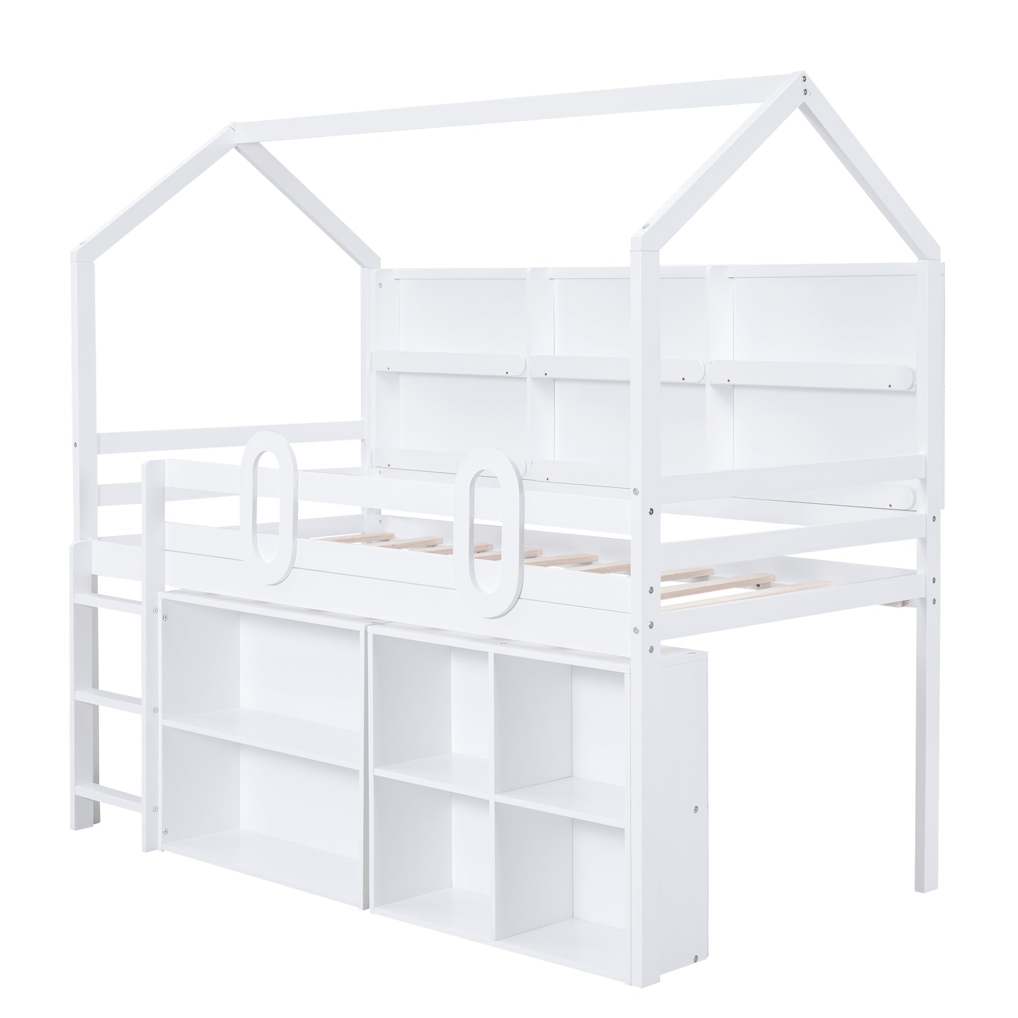 Twin Size House Loft Bed with Multiple Storage Shelves, White