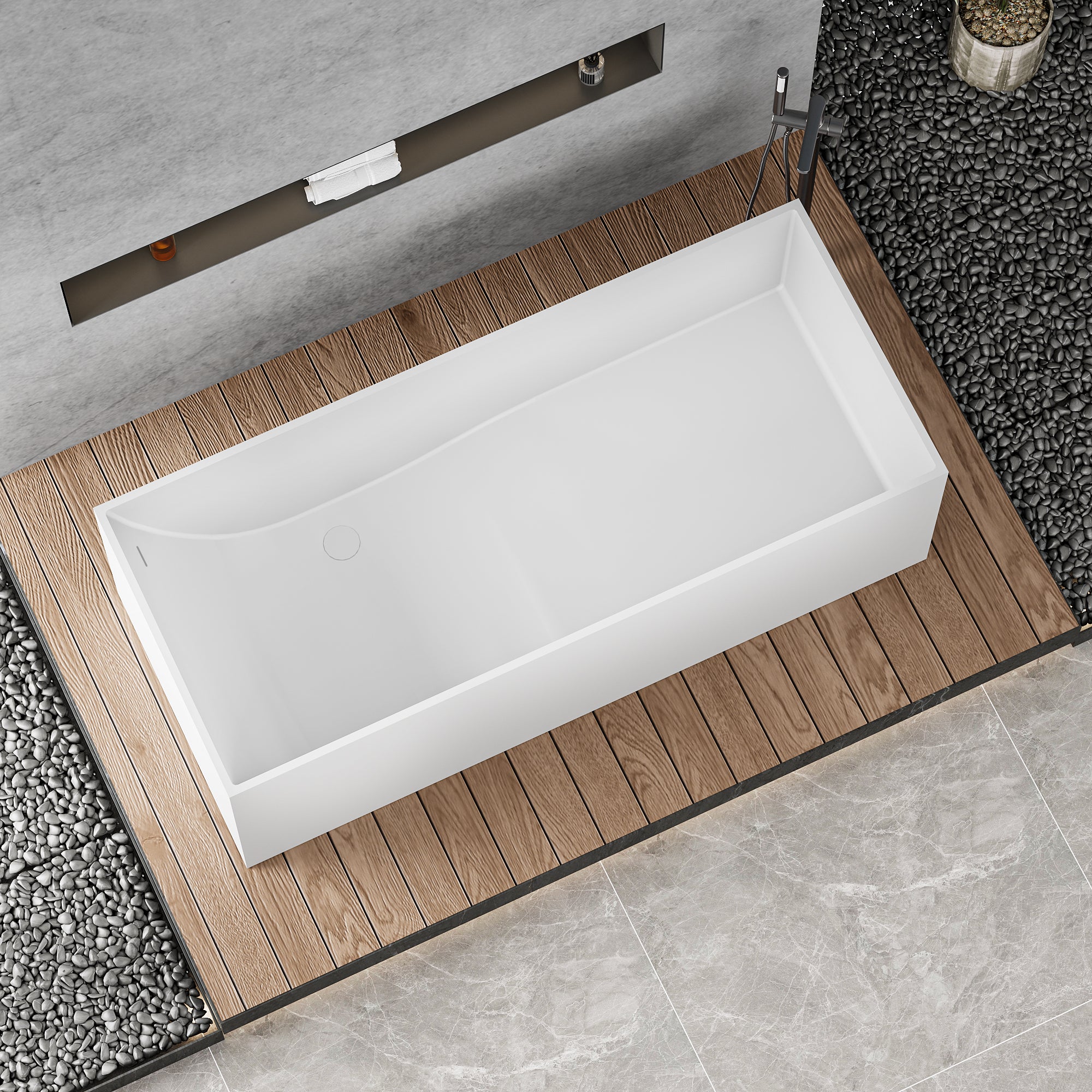 67" Freestanding Solid Surface Bathtub, Stone Resin Freestanding Bath Tub with Overflow and Pop-up Drain, Matte White 24S01-67MW